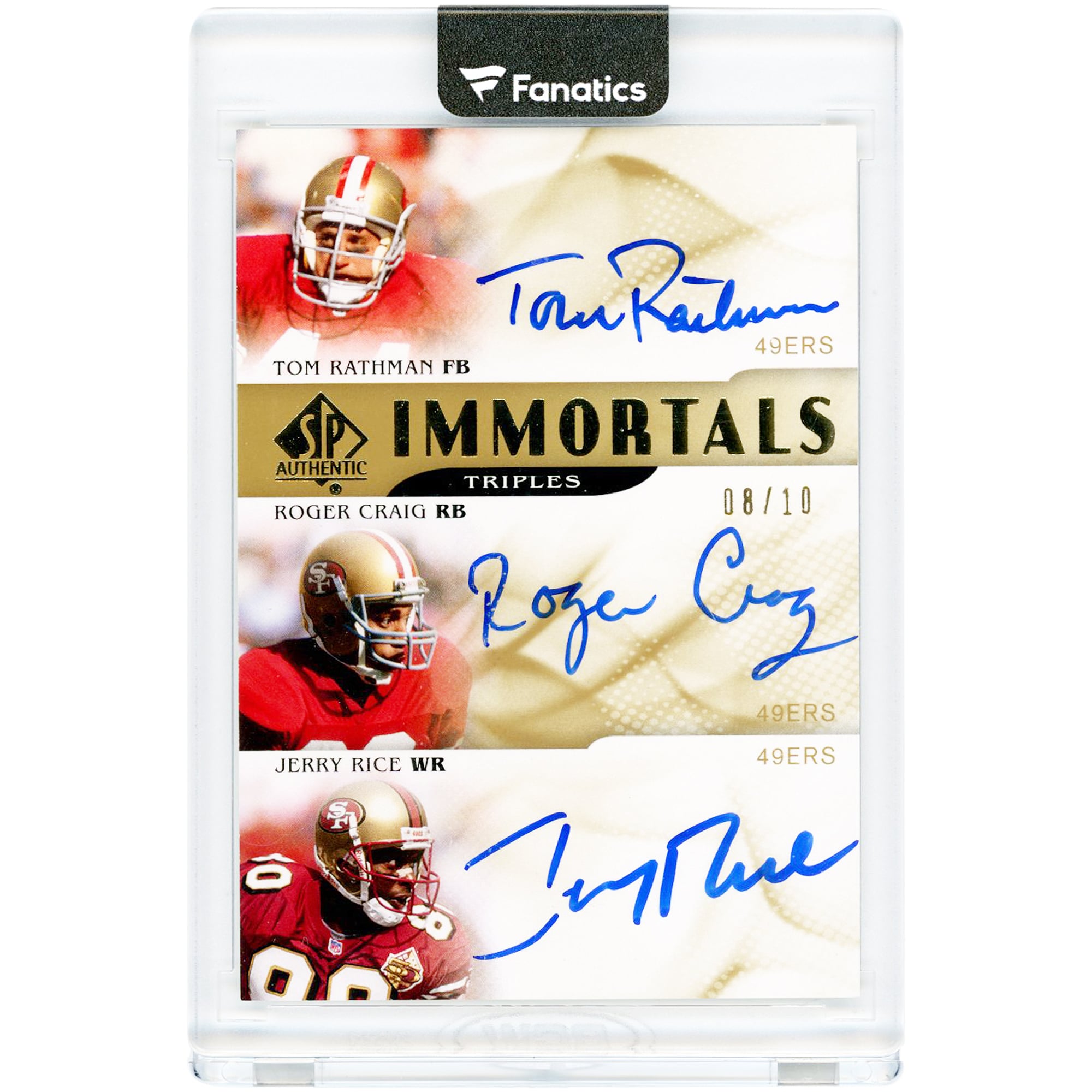 Carte autographiée par Tom Rathman, Roger Craig et Jerry Rice des 49ers de San Francisco (édition 2009 Upper Deck SP Authentic Immortals Triple Autograph #ITS-RCR #8/10)