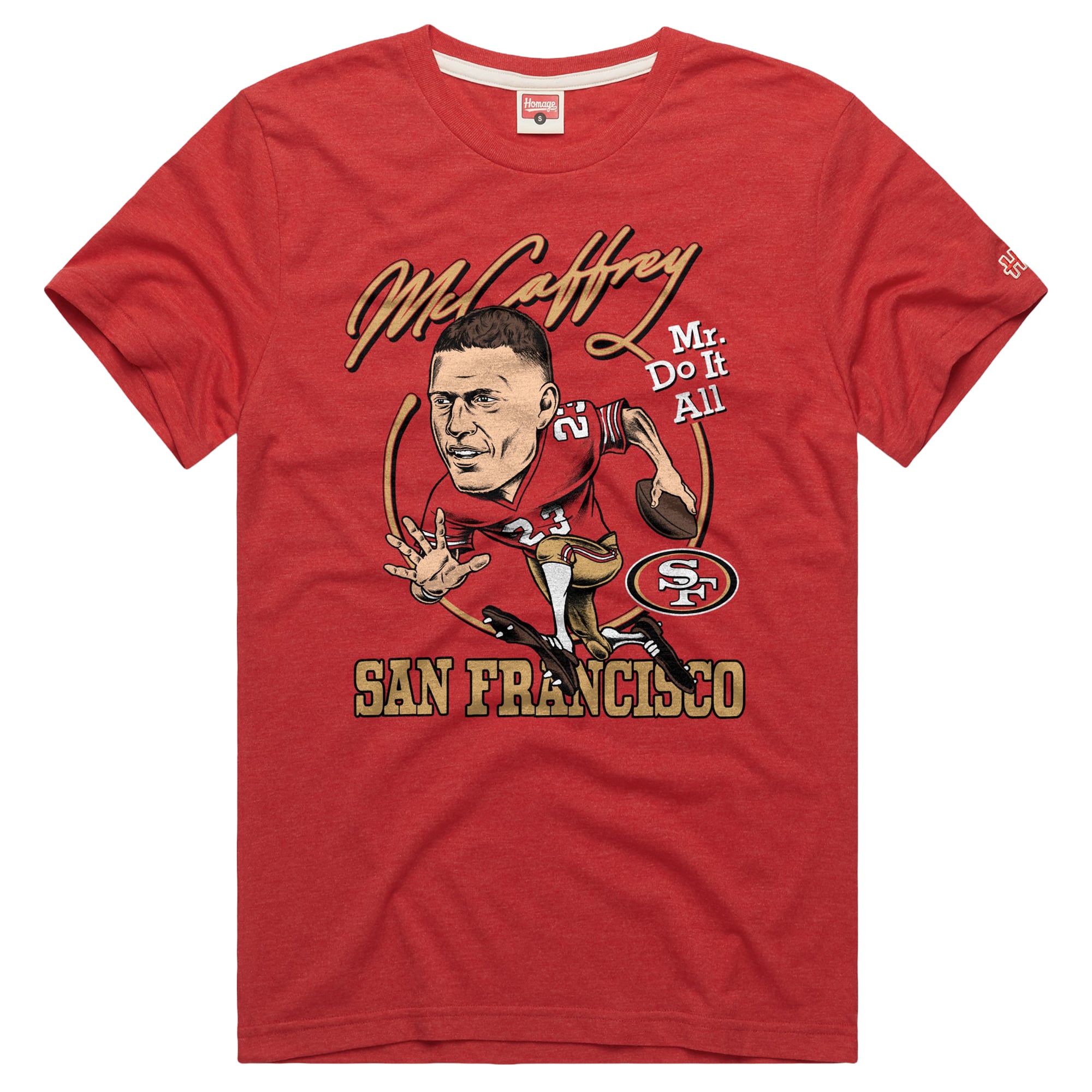 T-shirt unisexe en mélange de trois matières, hommage à Christian McCaffrey, joueur écarlate des 49ers San Francisco.