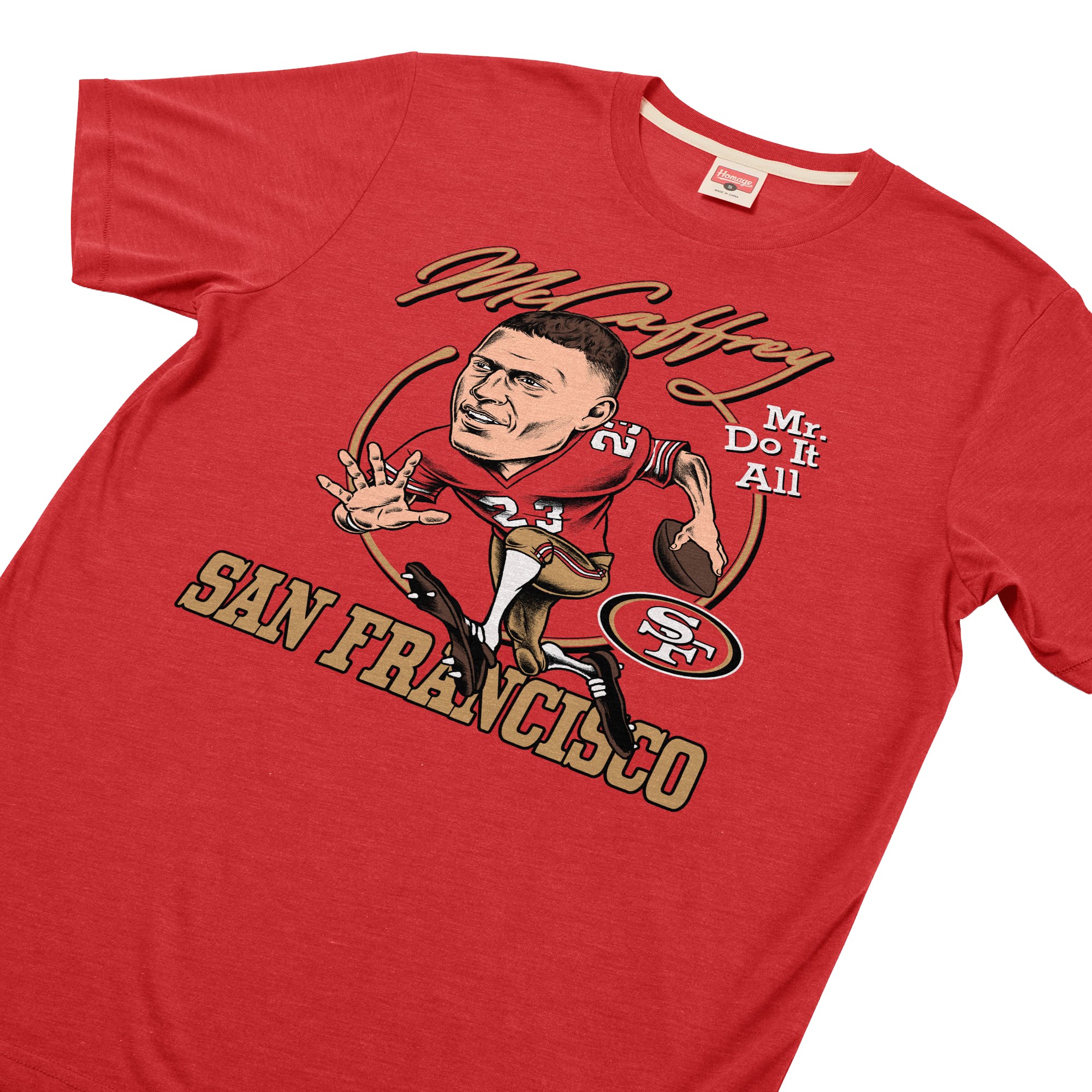 T-shirt unisexe en mélange de trois matières, hommage à Christian McCaffrey, joueur écarlate des 49ers San Francisco.