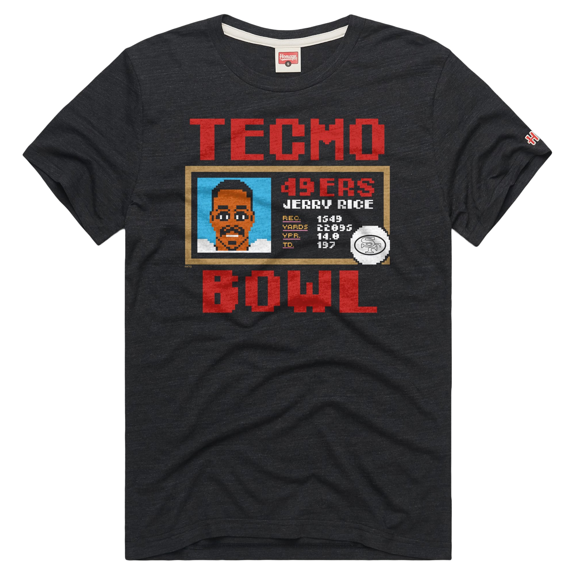 T-shirt unisexe hommage à Jerry Rice, couleur anthracite, San Francisco 49ers, Tecmo Bowl, joueur retraité, en mélange de trois matières