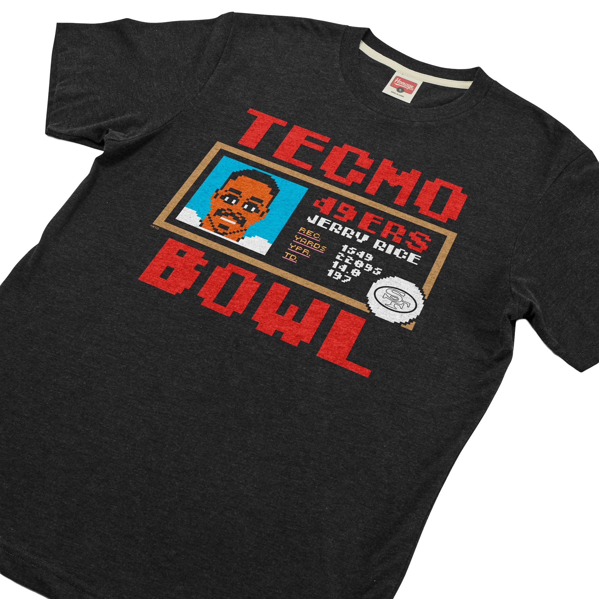 T-shirt unisexe hommage à Jerry Rice, couleur anthracite, San Francisco 49ers, Tecmo Bowl, joueur retraité, en mélange de trois matières
