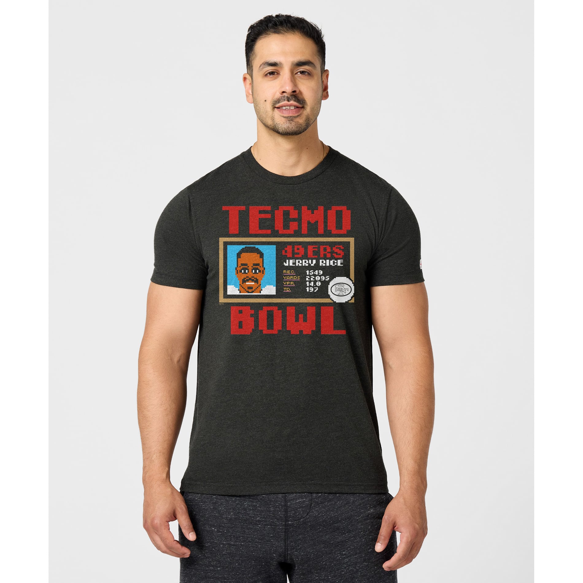 T-shirt unisexe hommage à Jerry Rice, couleur anthracite, San Francisco 49ers, Tecmo Bowl, joueur retraité, en mélange de trois matières
