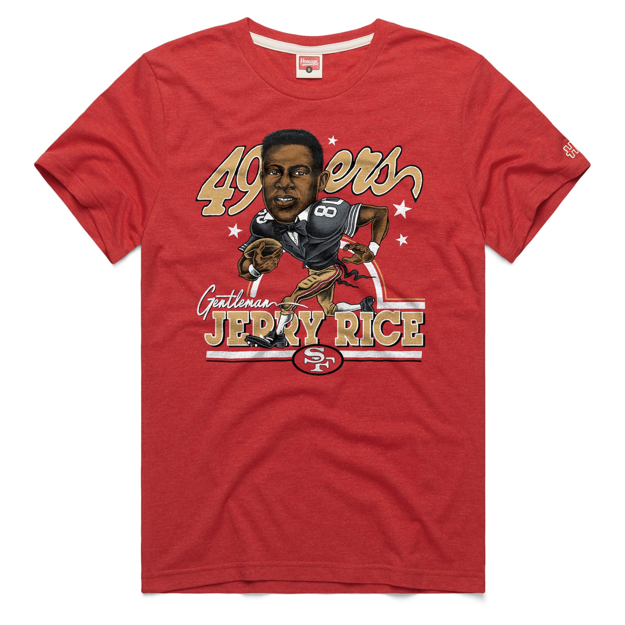 T-shirt unisexe hommage à Jerry Rice Stone, joueur des 49ers de San Francisco, avec caricature et motif en mélange trois matières.
