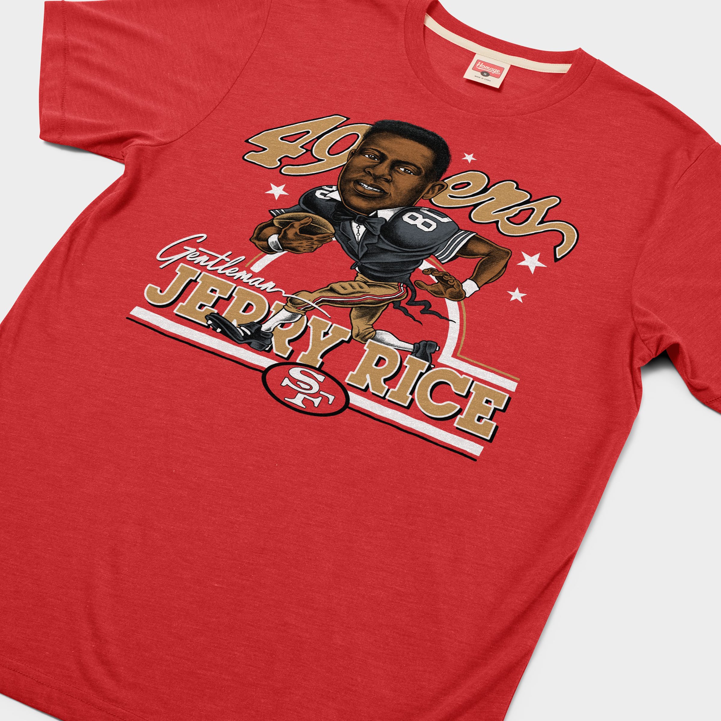 T-shirt unisexe hommage à Jerry Rice Stone, joueur des 49ers de San Francisco, avec caricature et motif en mélange trois matières.