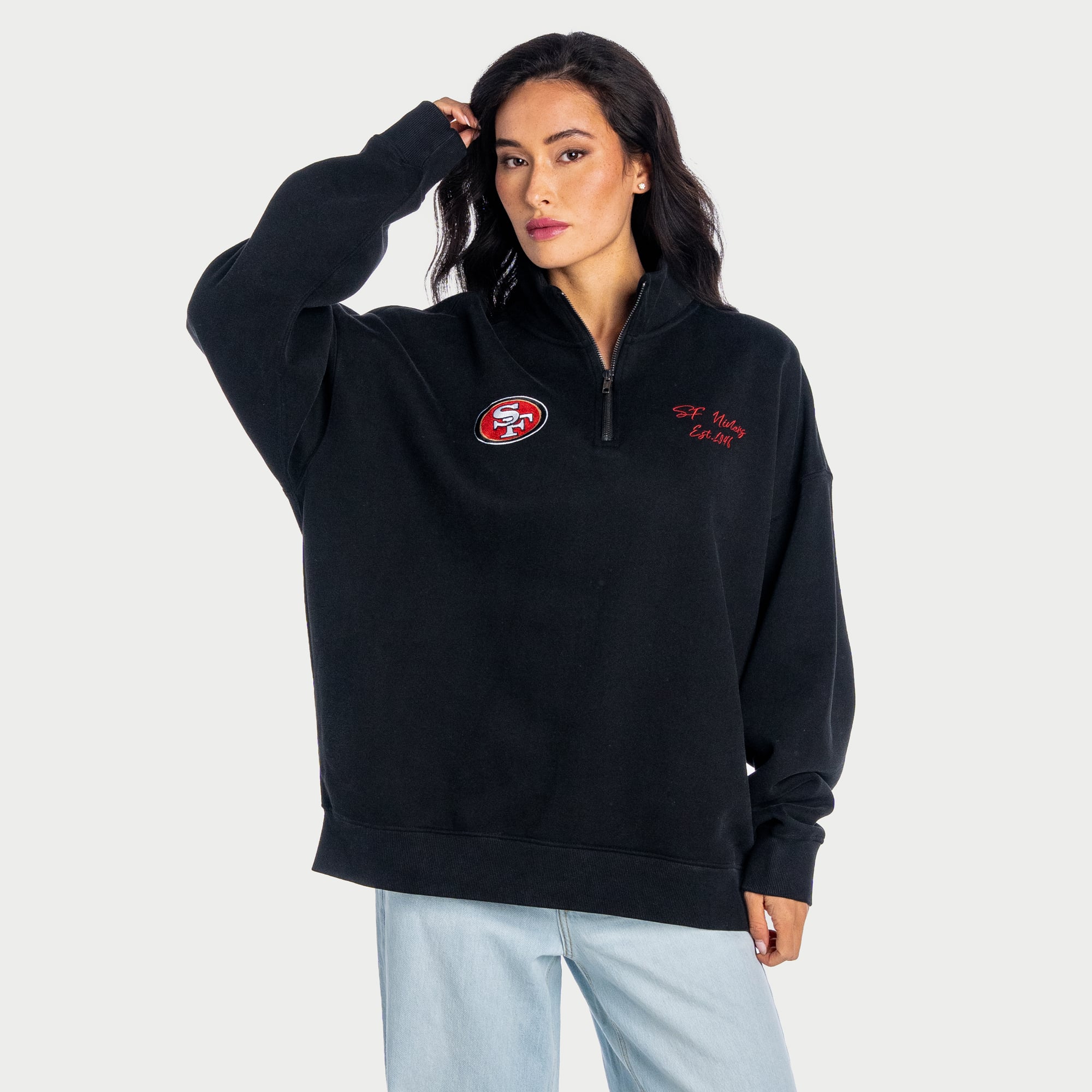 Pull polaire unisexe The Wild Collective noir San Francisco 49ers à col carré et fermeture éclair 1/4