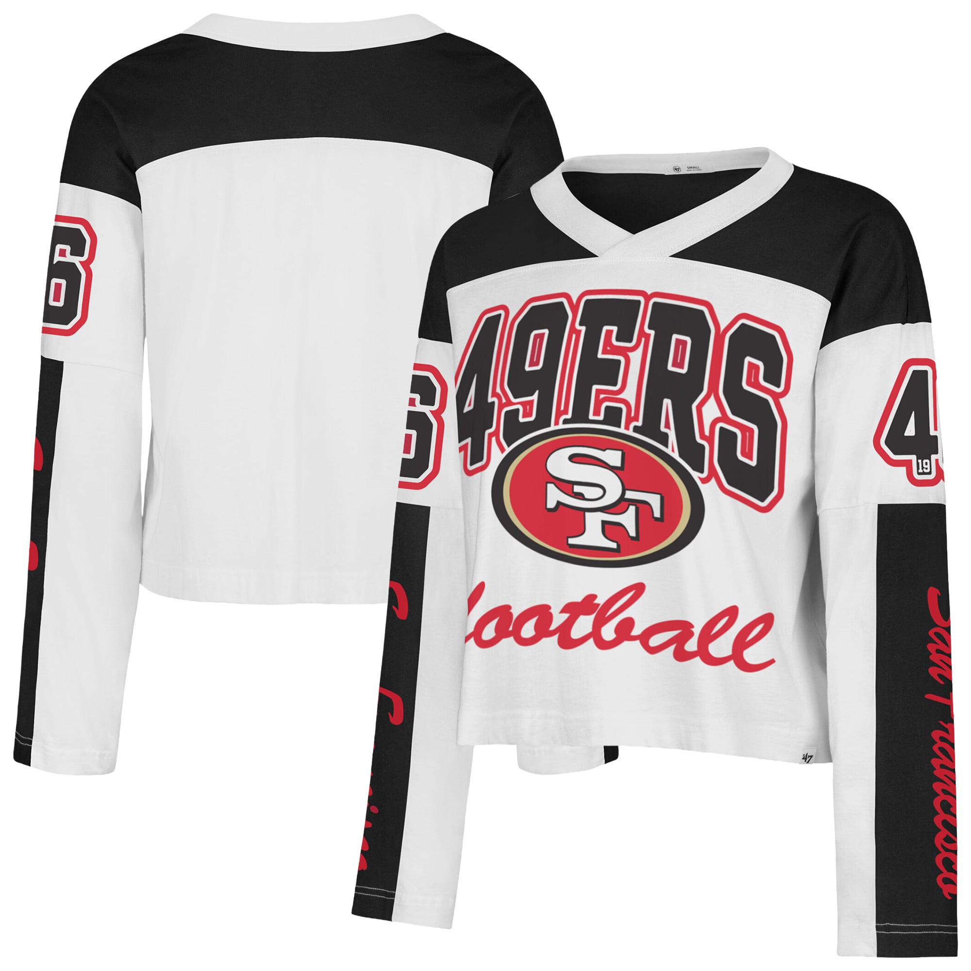T-shirt à manches longues et col en V blanc San Francisco 49ers pour femme, modèle « 47 ».