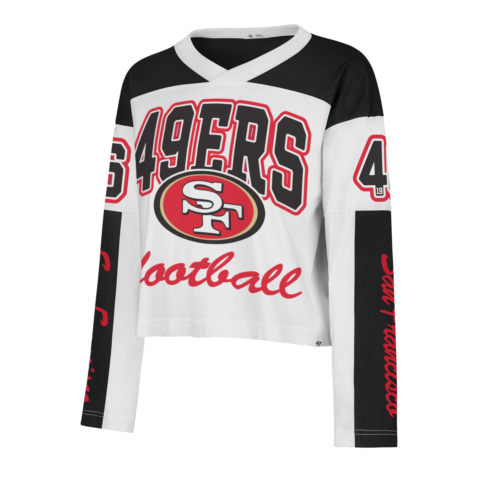 T-shirt à manches longues et col en V blanc San Francisco 49ers pour femme, modèle « 47 ».