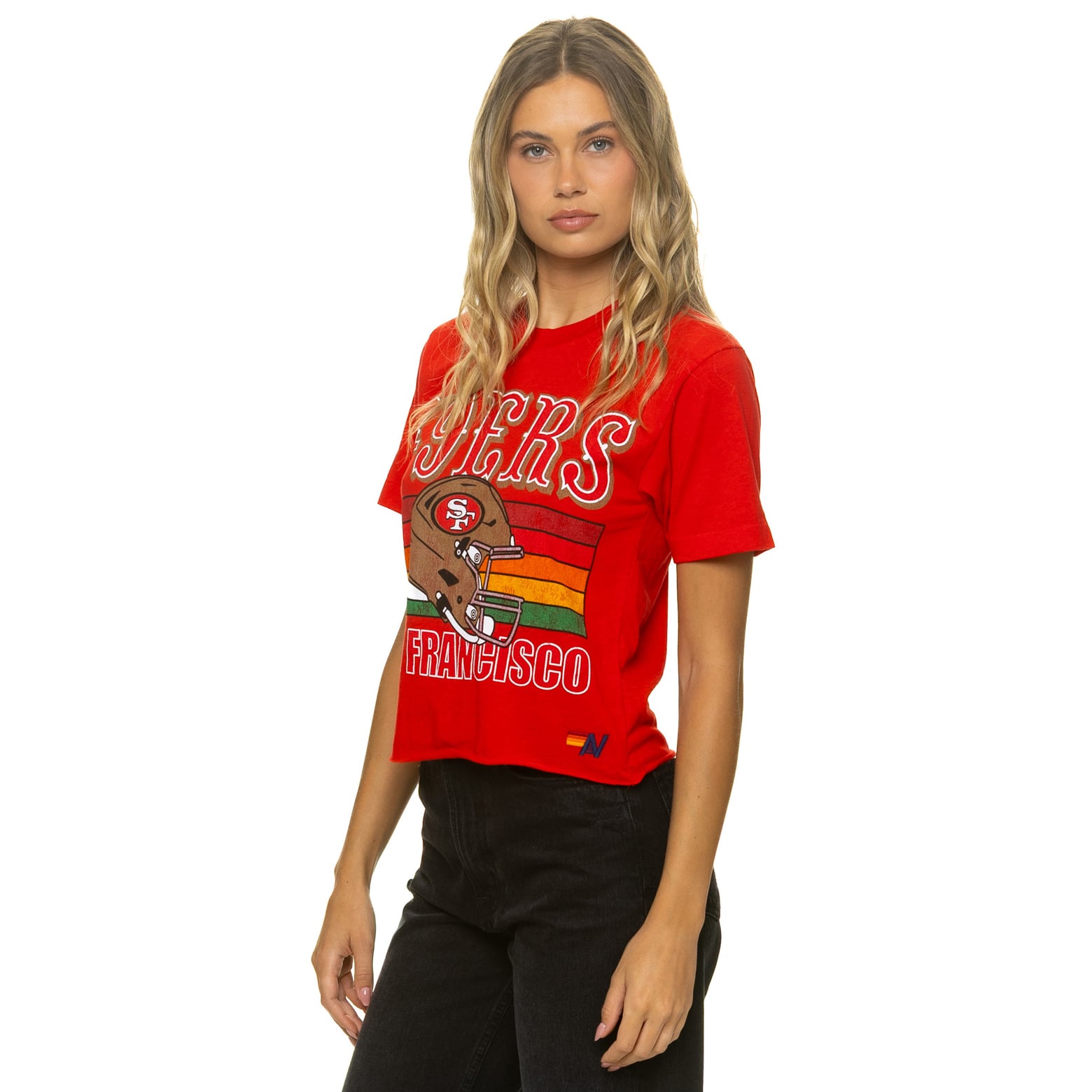 T-shirt Aviator Nation Scarlet San Francisco 49ers pour femme, coupe carrée, style boyfriend, en mélange de trois matières