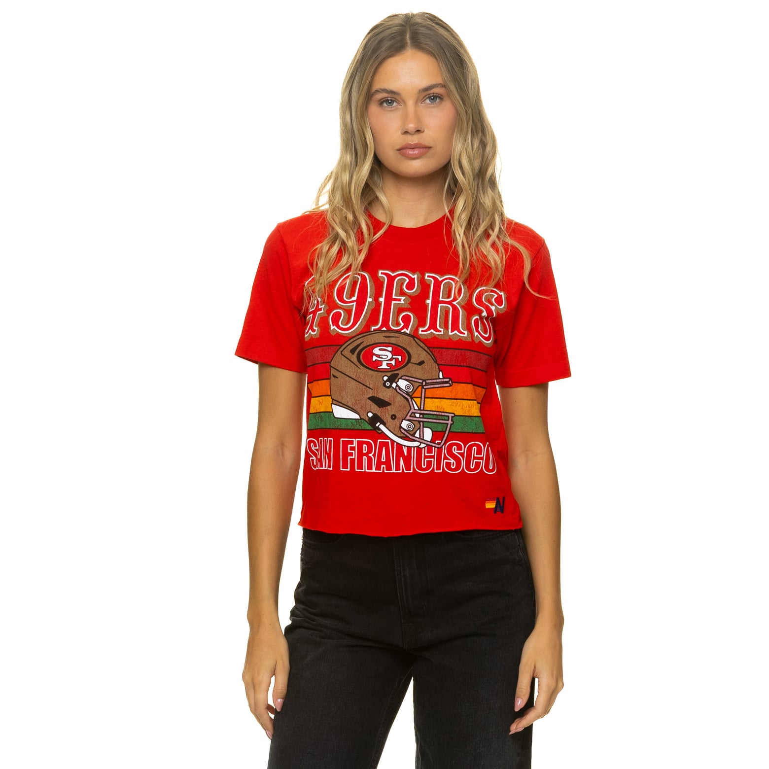 T-shirt Aviator Nation Scarlet San Francisco 49ers pour femme, coupe carrée, style boyfriend, en mélange de trois matières