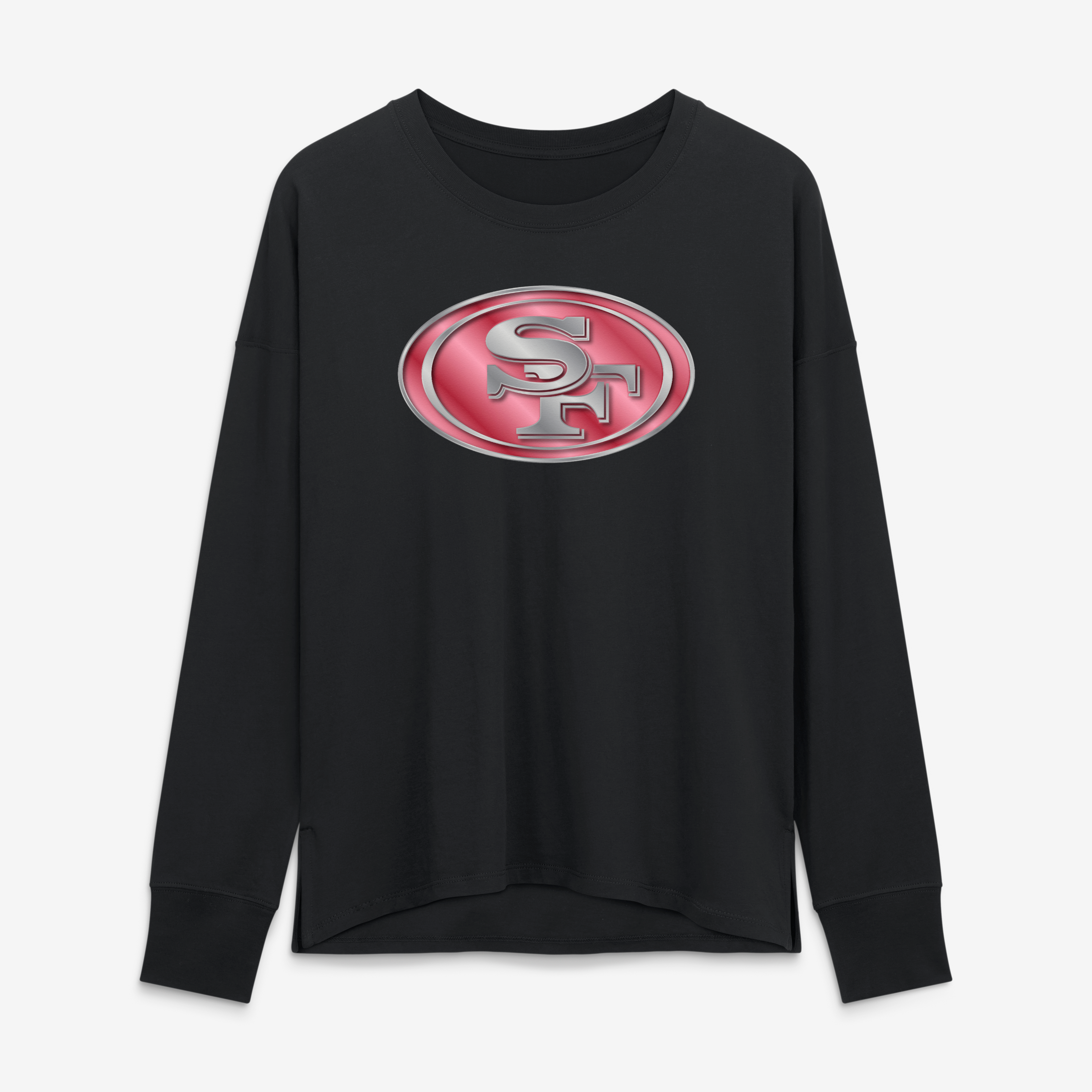 T-shirt à manches longues noir pour femme avec mascotte métallique des 49ers de San Francisco