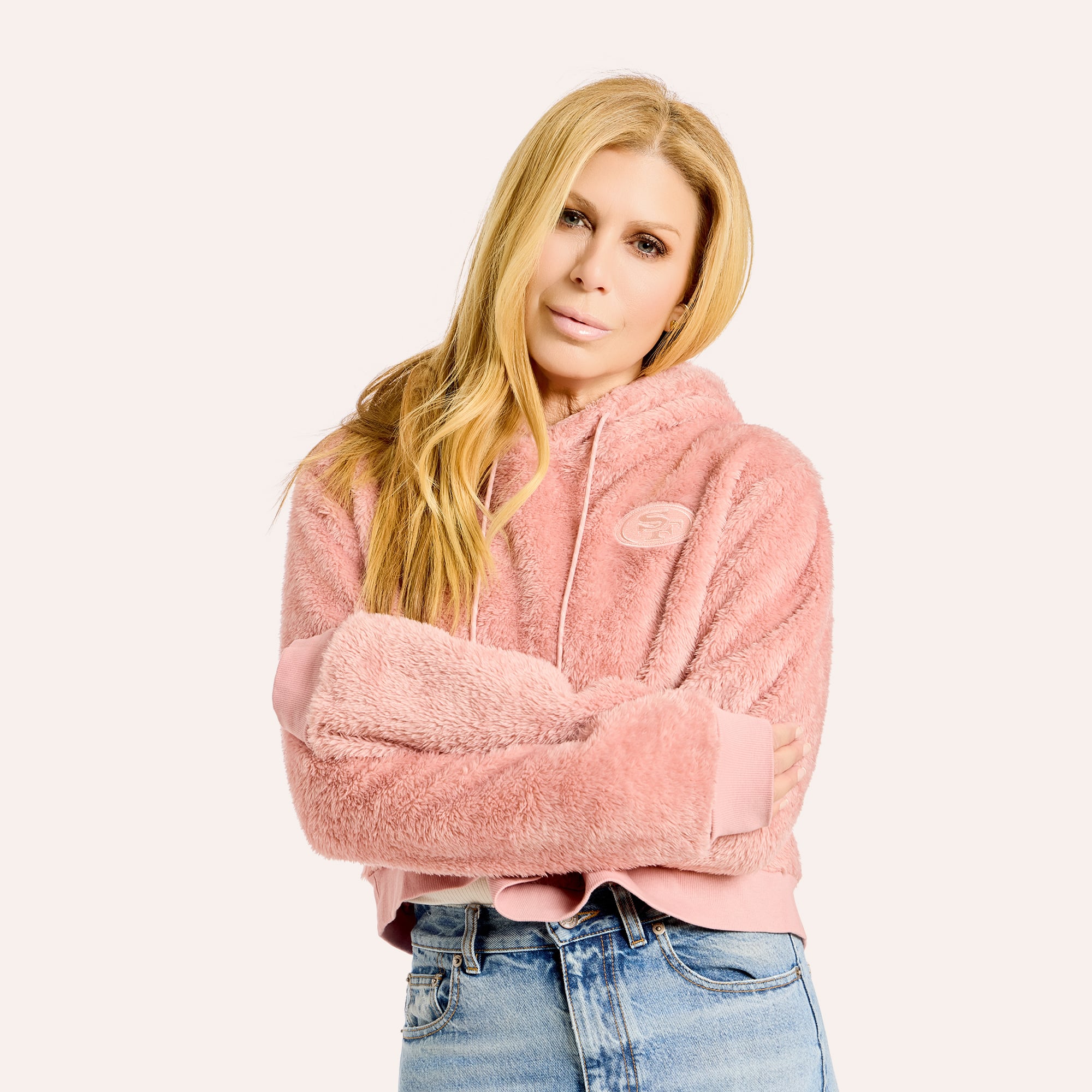 Sweat à capuche court en sherpa ton sur rose des 49ers de San Francisco, par Jill Martin, pour femme