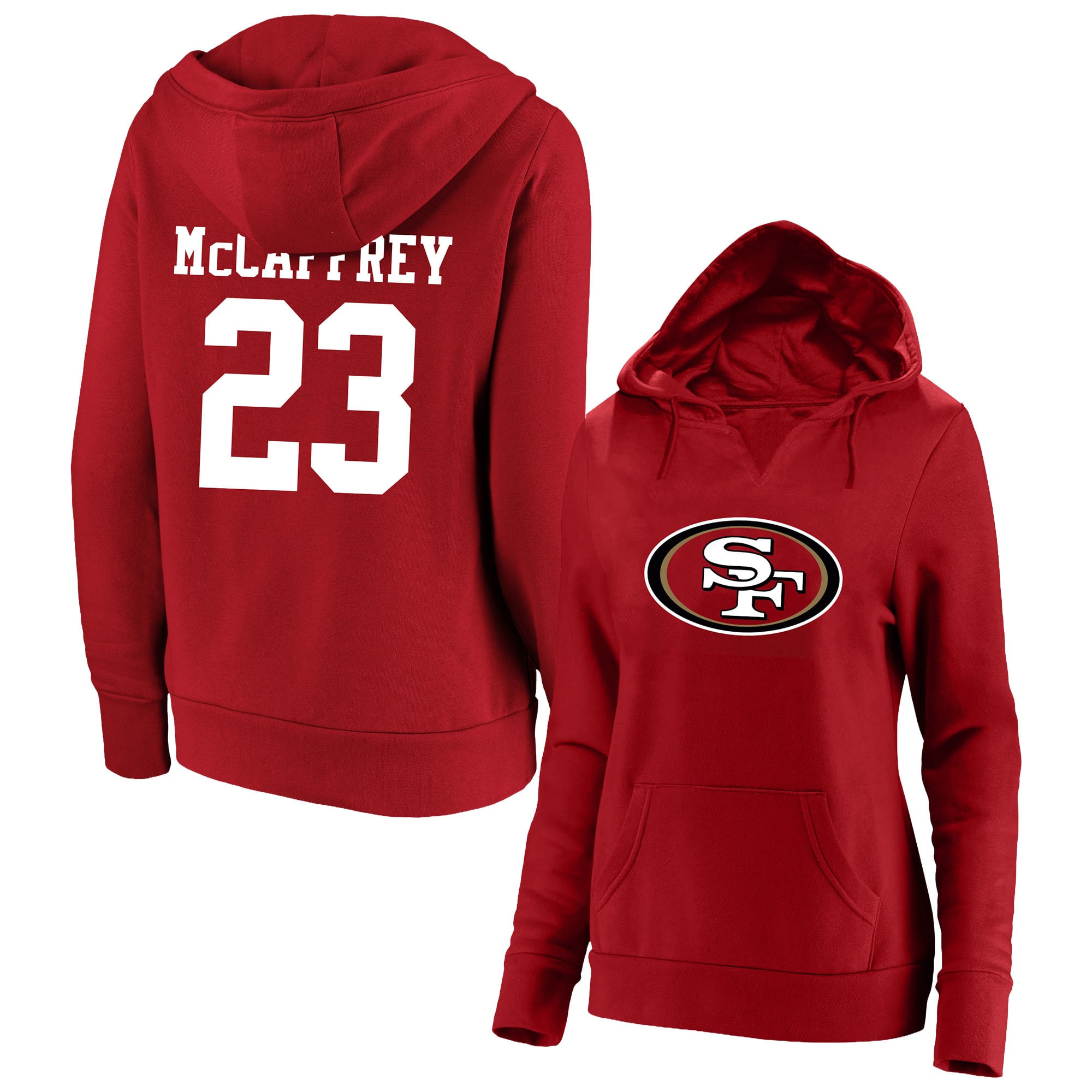 Women's Fanatics Christian McCaffrey Scarlet San Francisco 49ers Plus Player Name & Number Notch Neck Hoodie