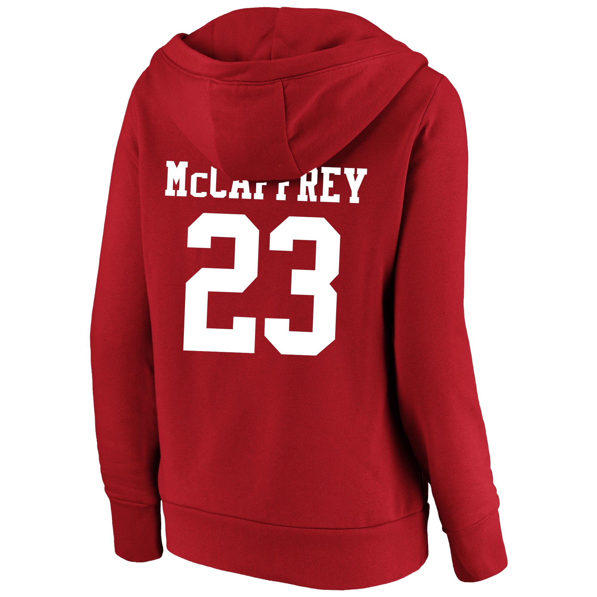 Women's Fanatics Christian McCaffrey Scarlet San Francisco 49ers Plus Player Name & Number Notch Neck Hoodie