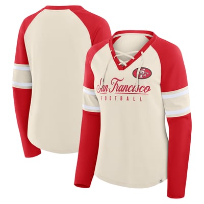 San Francisco 49ers Fanatics Women's Hometown Gridiron Hero Raglan Lace-Up V-Neck Long Sleeve T-Shirt - Cream/Scarlet