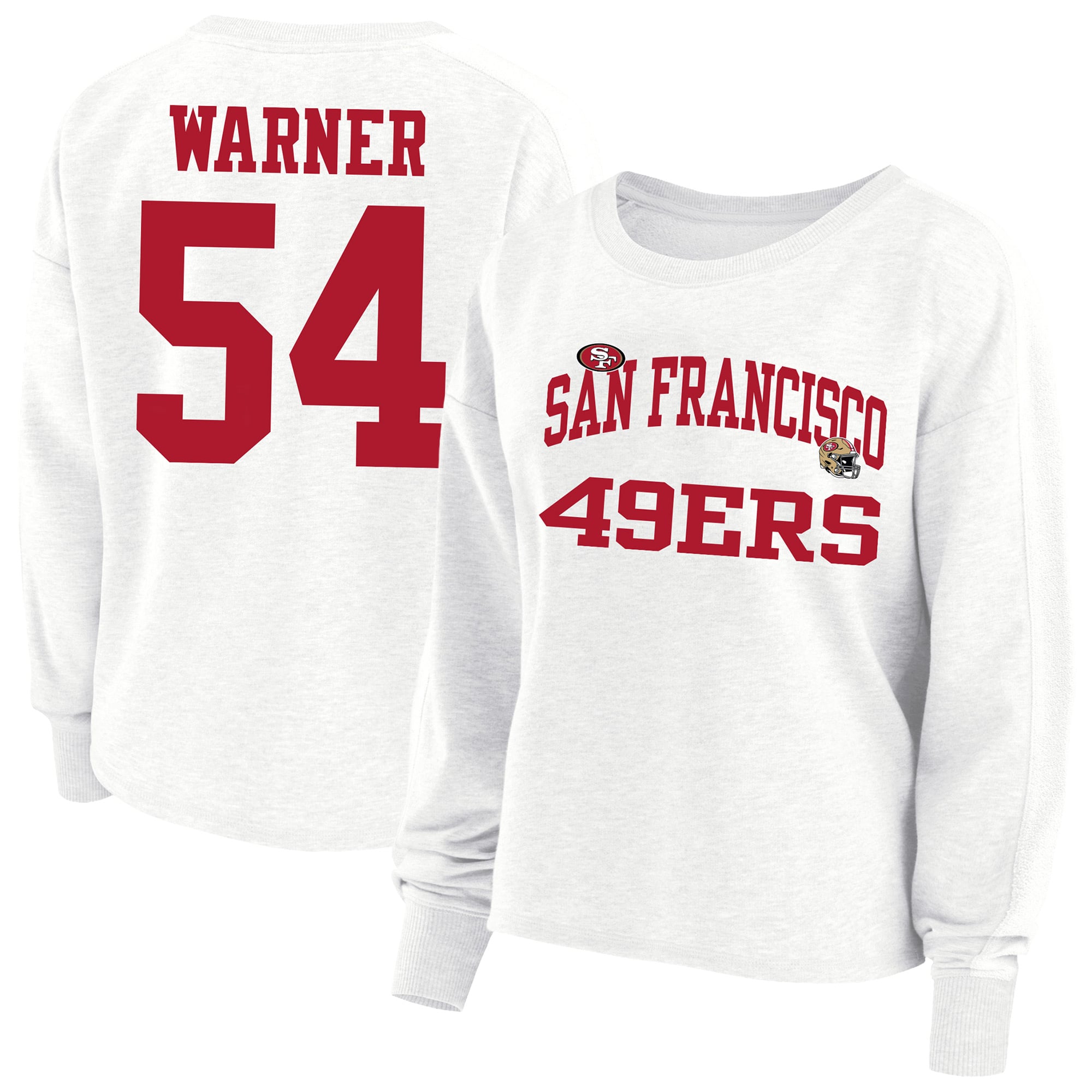Sweat-shirt oversize grande taille pour femme Fanatics Fred Warner blanc des 49ers de San Francisco, avec nom et numéro.