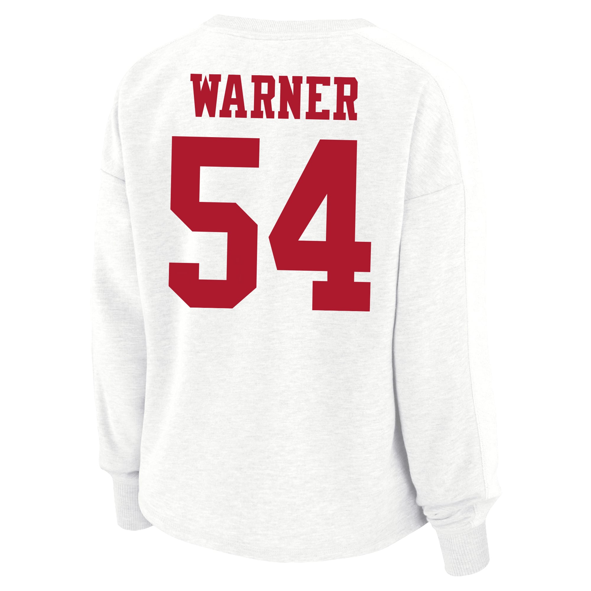 Sweat-shirt oversize grande taille pour femme Fanatics Fred Warner blanc des 49ers de San Francisco, avec nom et numéro.