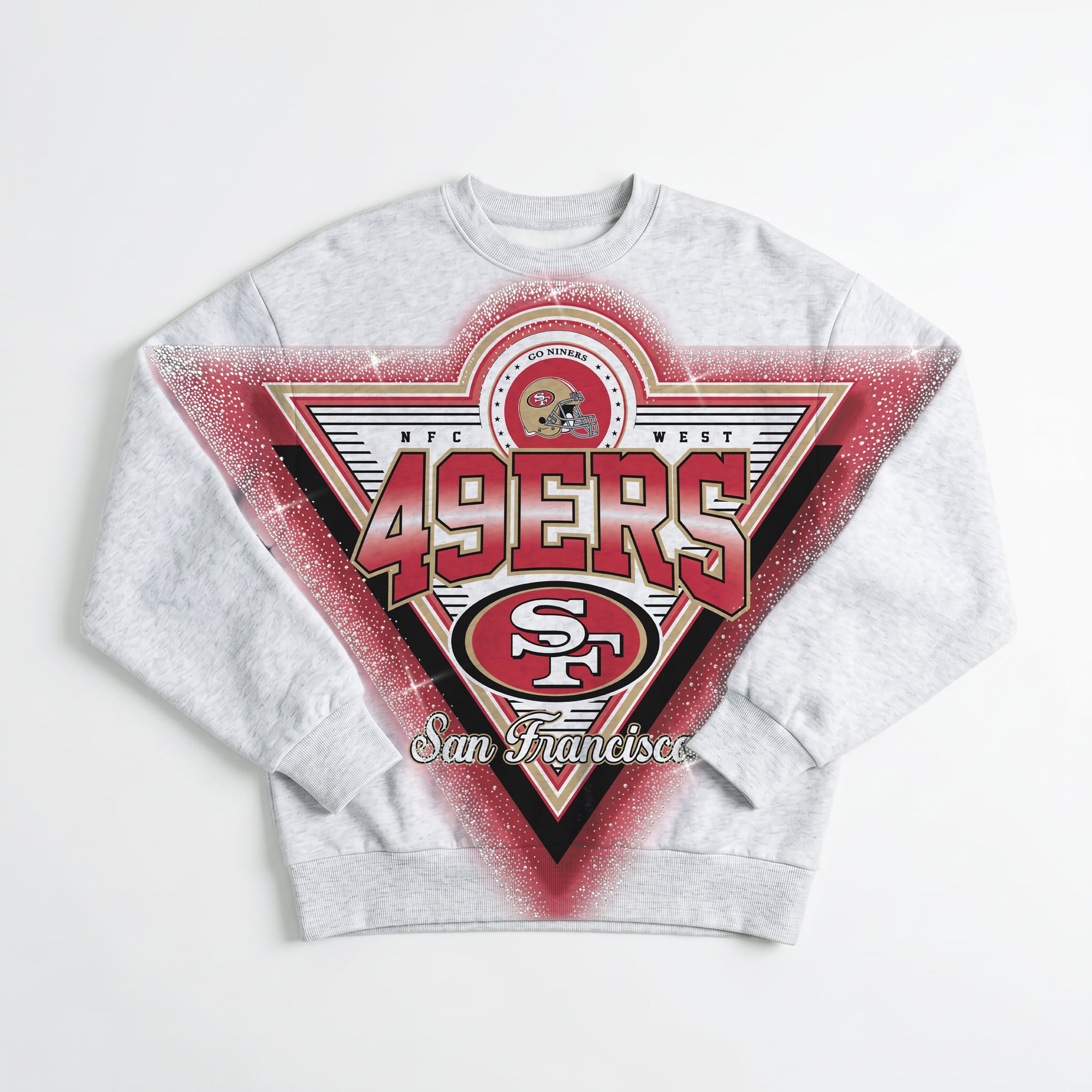 Women's Gameday Couture Ash San Francisco 49ers Chasing Victory Rhinestone Spray Oversized Fleece Sweatshirt