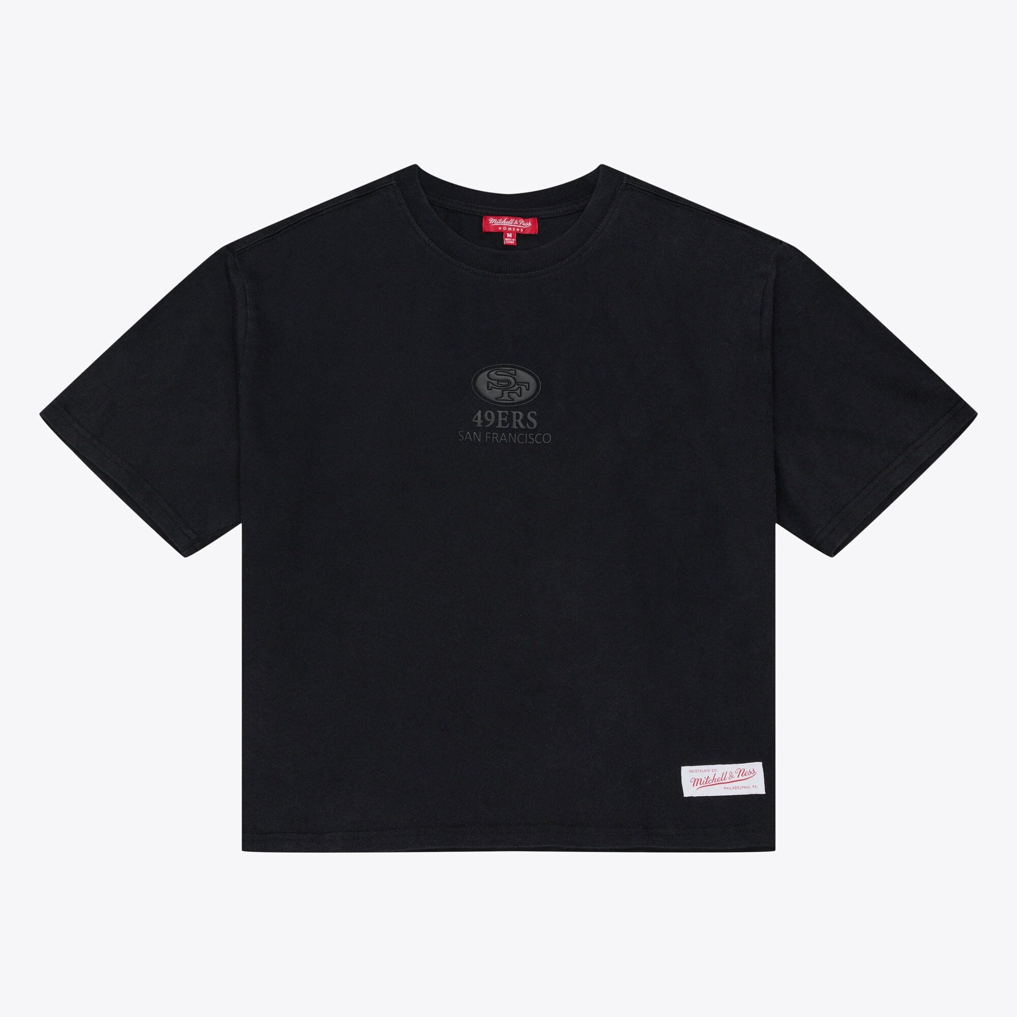 Women's Mitchell & Ness Black San Francisco 49ers Core Essentials Micro Logo Boxy Crop T-Shirt