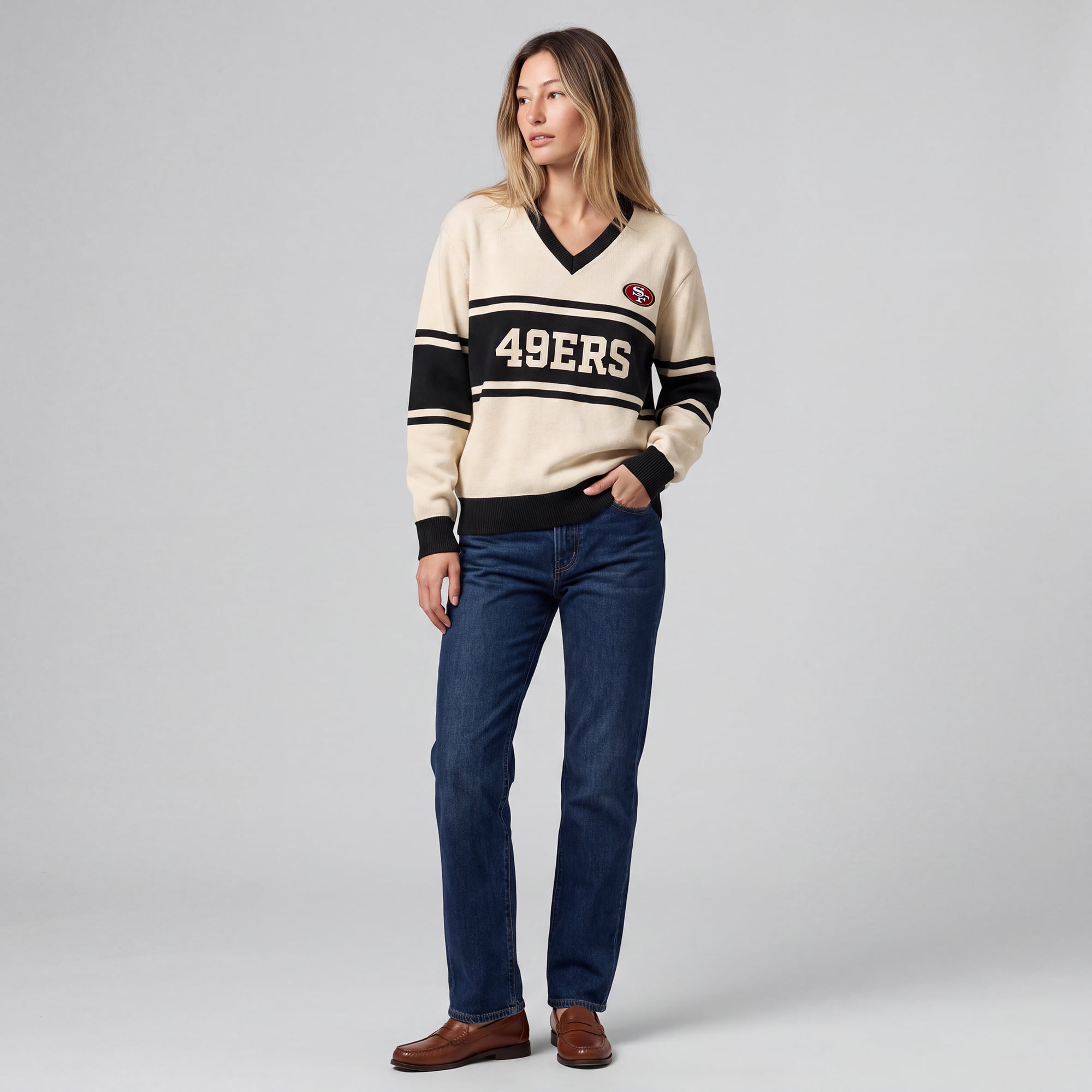 Women's Mitchell & Ness Cream/Black San Francisco 49ers Retro Roots V-Neck Sweater