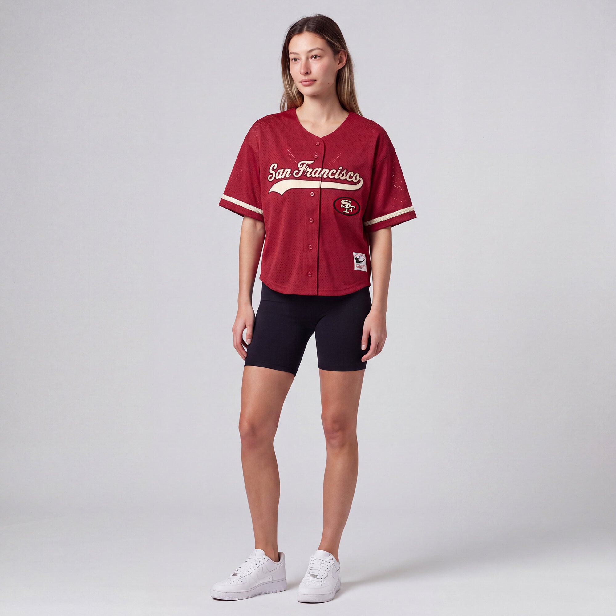 Maillot de baseball rétro Roots écarlate Mitchell & Ness pour femmes des 49ers San Francisco