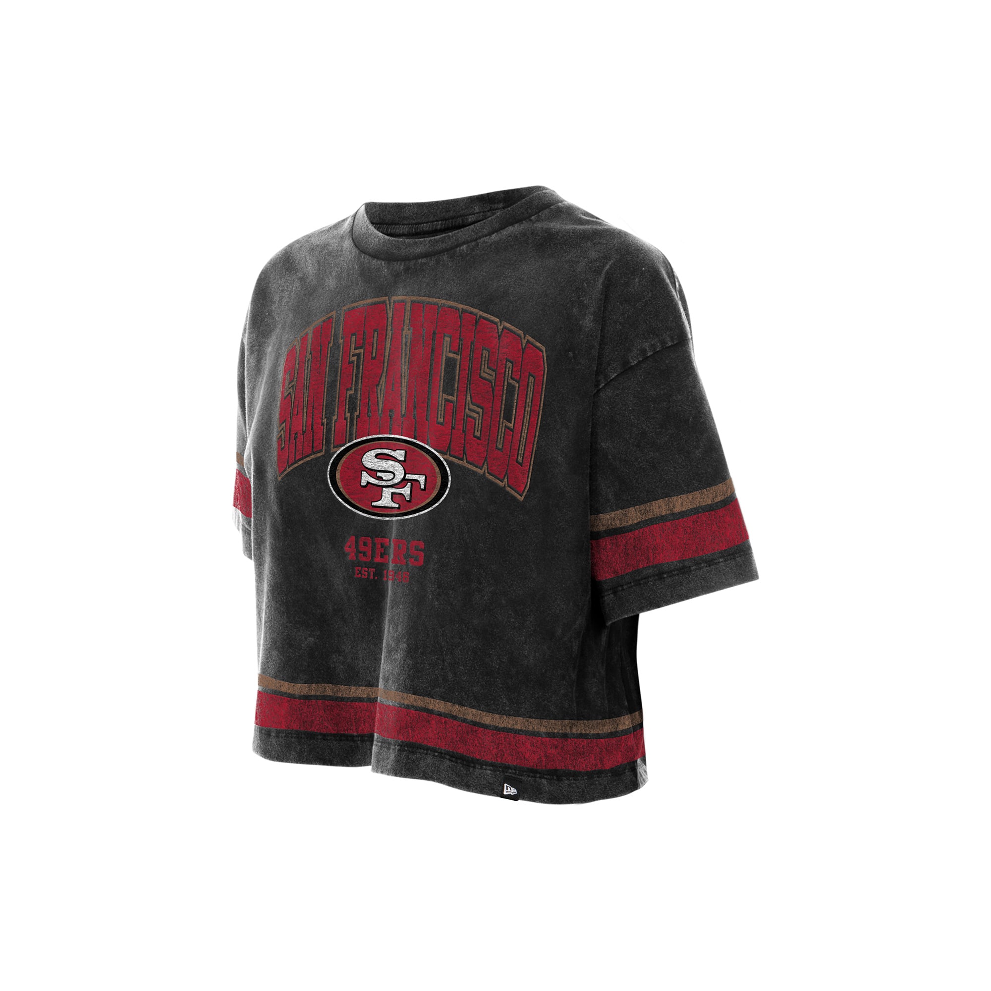 T-shirt court New Era noir pour femme, San Francisco 49ers Lifestyle, délavage minéral, coupe carrée
