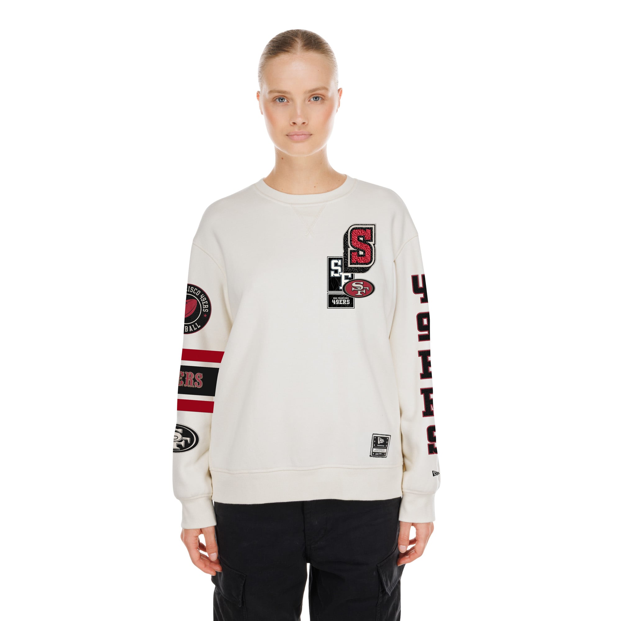Sweat-shirt à col rond New Era crème pour femme, modèle académique des 49ers de San Francisco