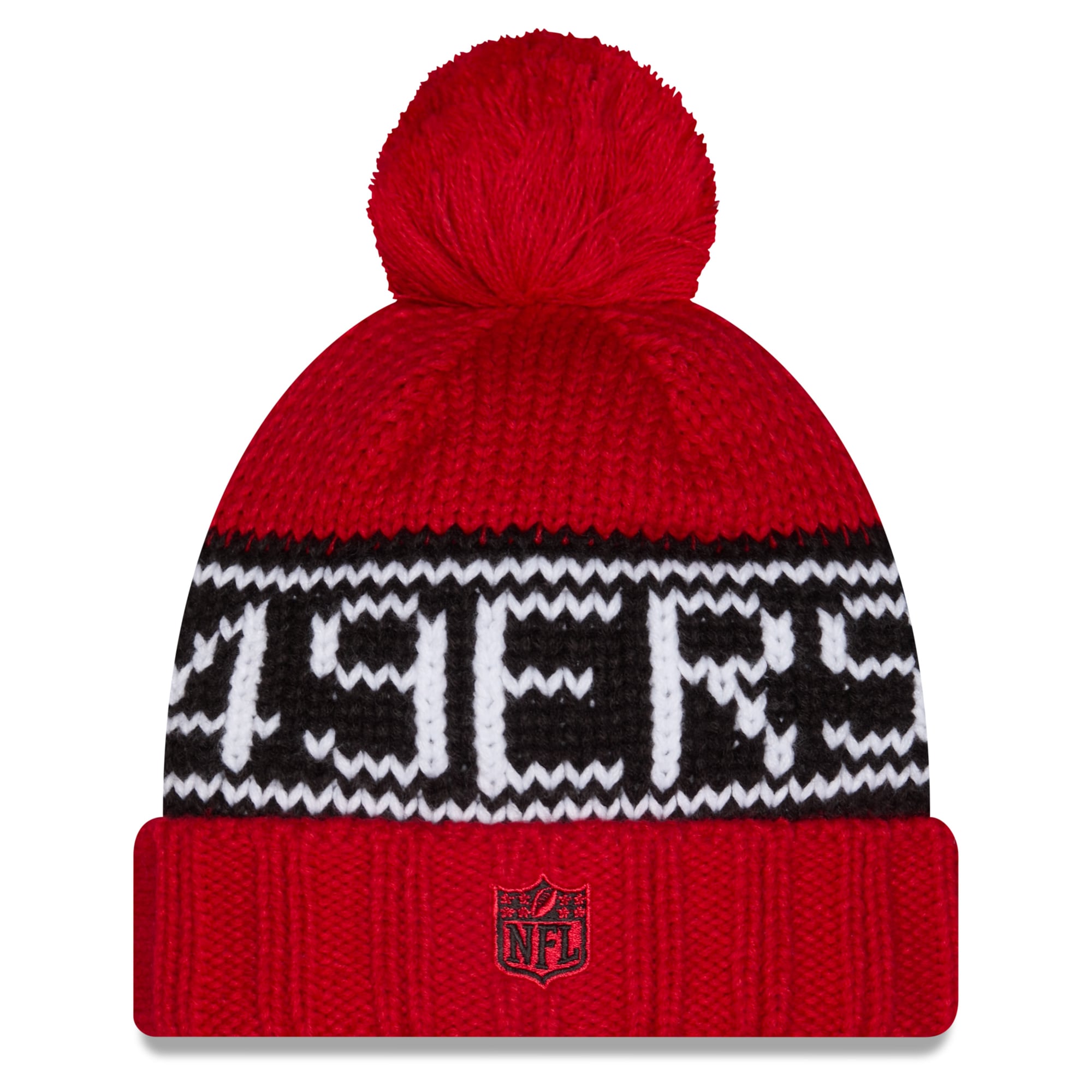 Bonnet d'hiver à revers New Era Scarlet San Francisco 49ers 2026 pour femme, avec pompon