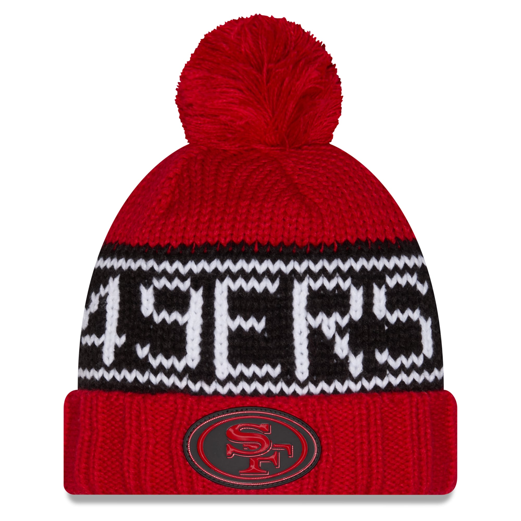 Bonnet d'hiver à revers New Era Scarlet San Francisco 49ers 2026 pour femme, avec pompon