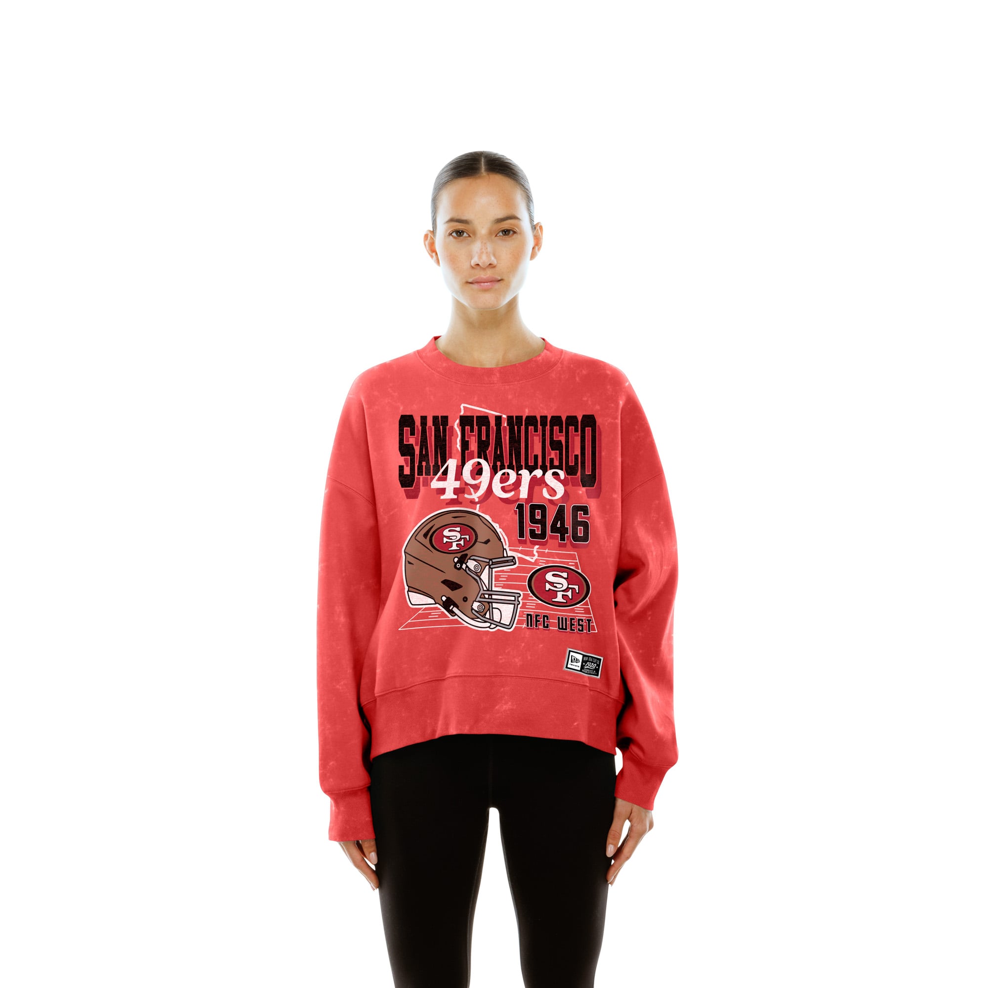 Sweat-shirt à col rond en molleton délavé minéral écarlate New Era pour femme, style rétro des 49ers de San Francisco