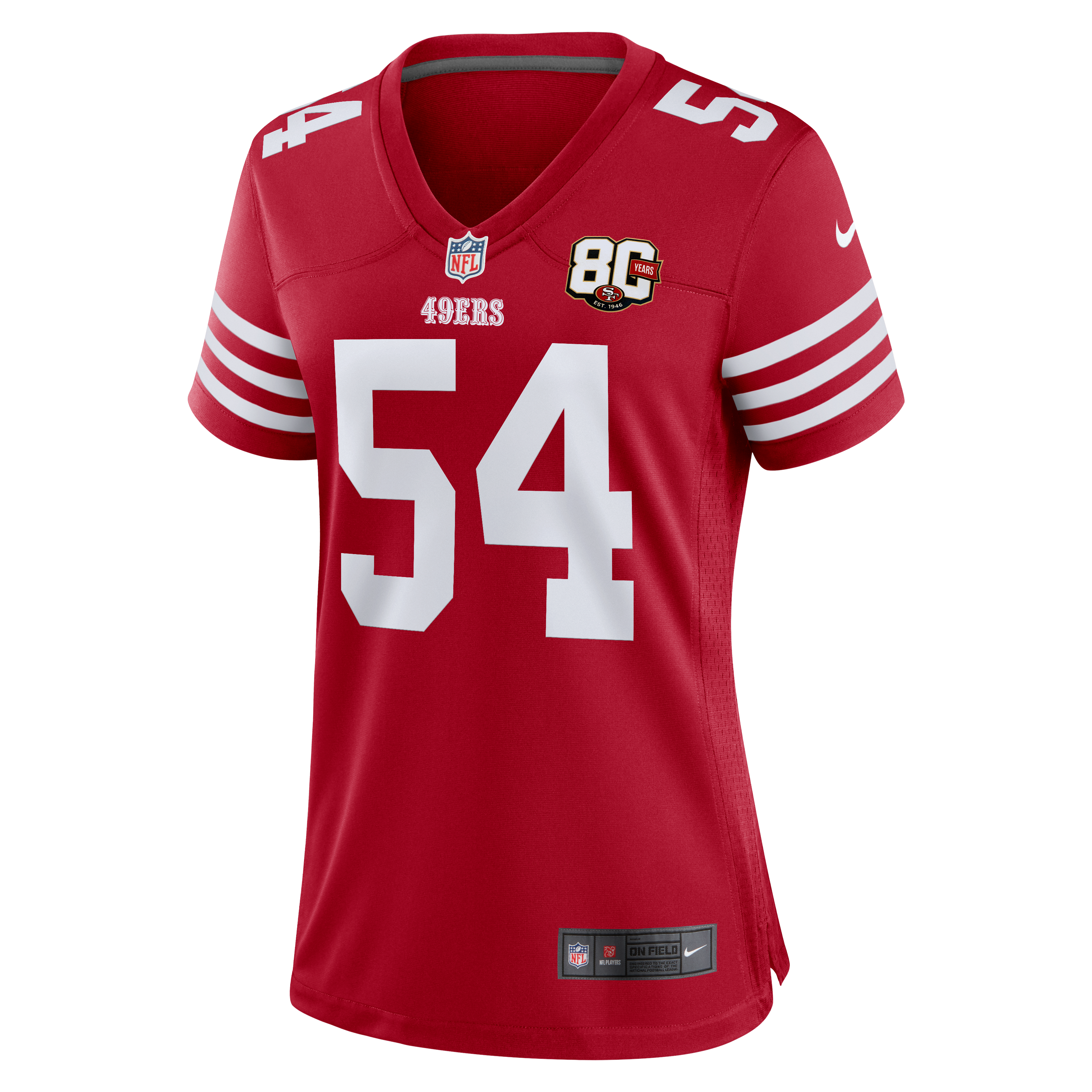 Maillot Nike Fred Warner Scarlet pour femme, édition spéciale 80e anniversaire des 49ers de San Francisco