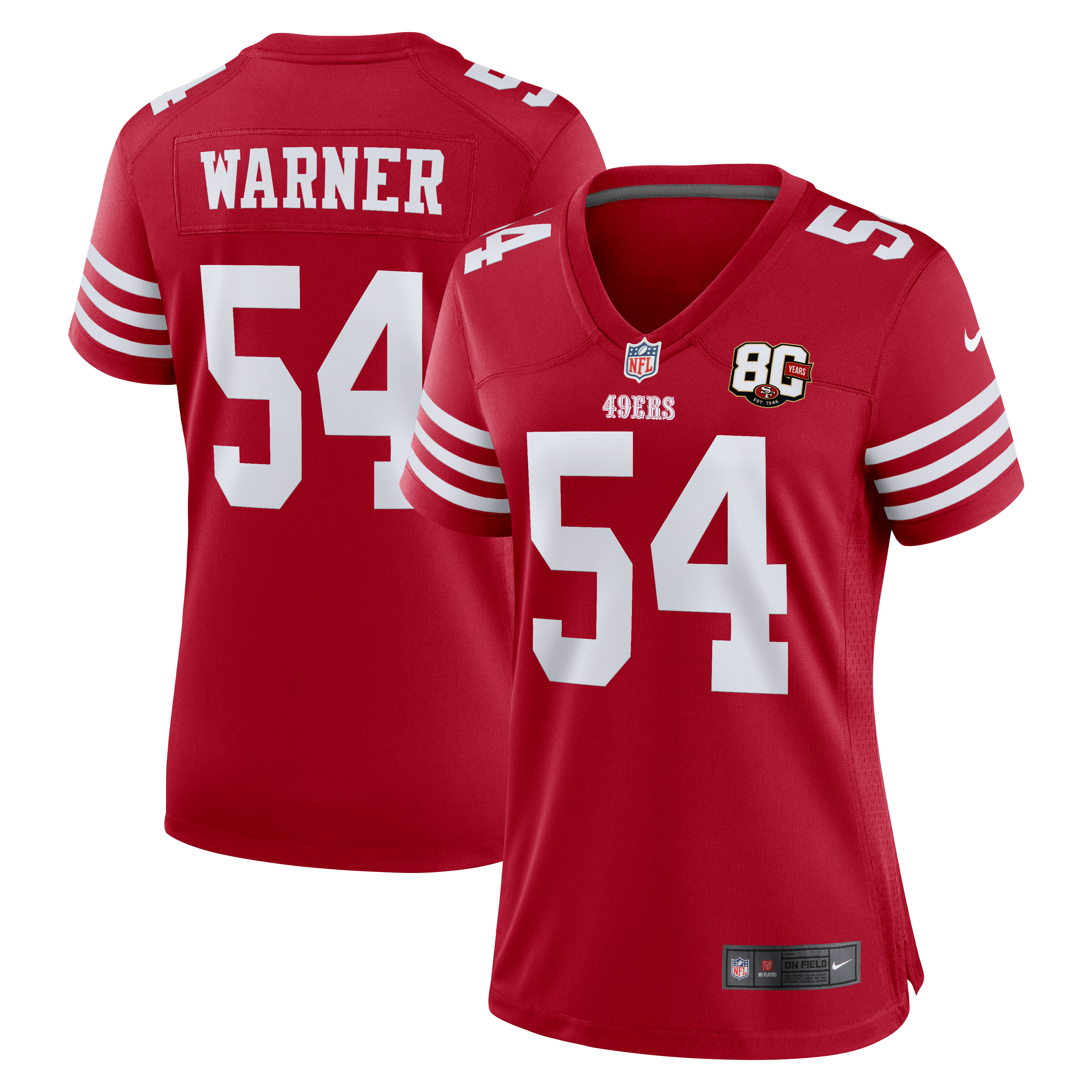 Maillot Nike Fred Warner Scarlet pour femme, édition spéciale 80e anniversaire des 49ers de San Francisco