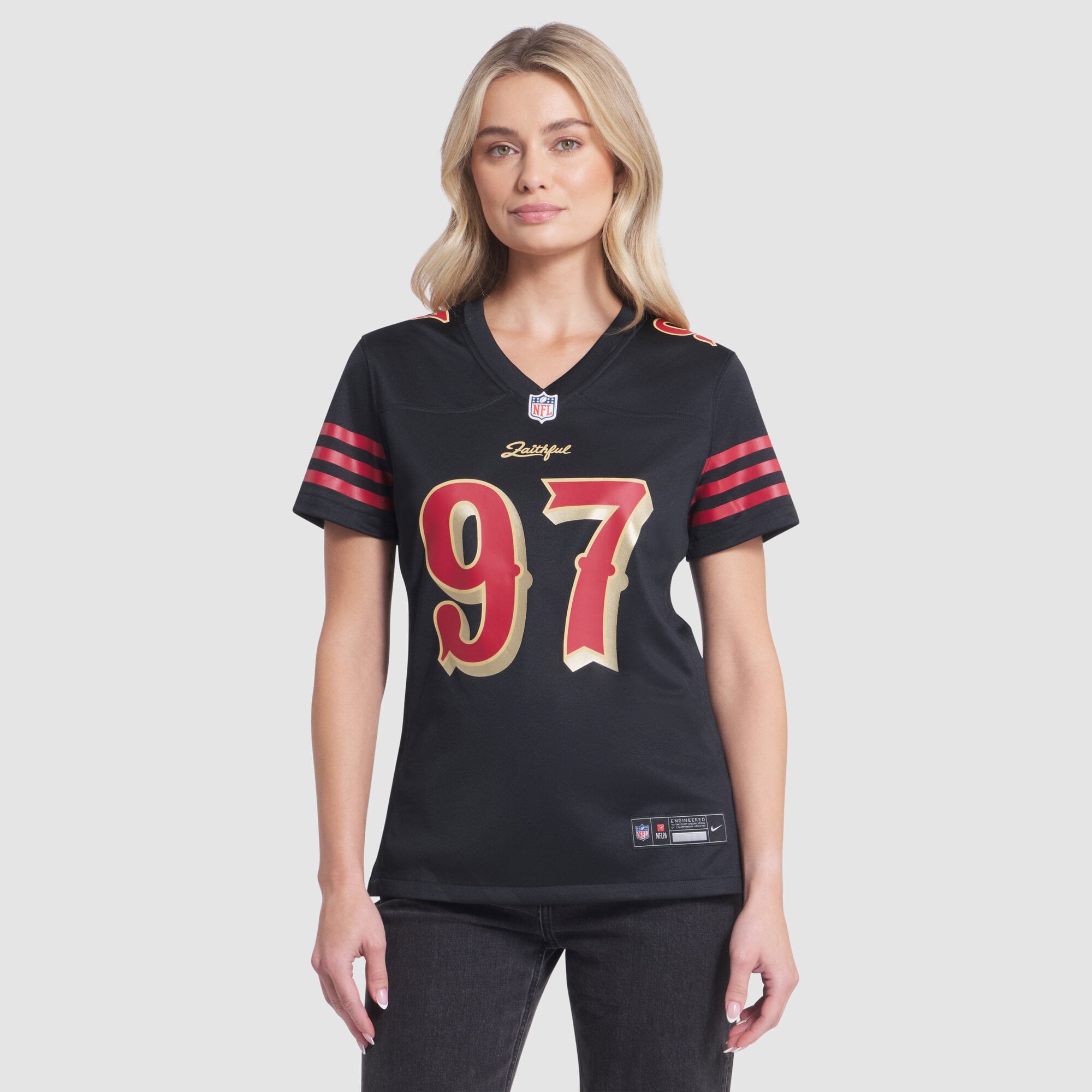 Maillot de match Nike Nick Bosa noir la collection Rivalries des 49ers San Francisco pour femmes