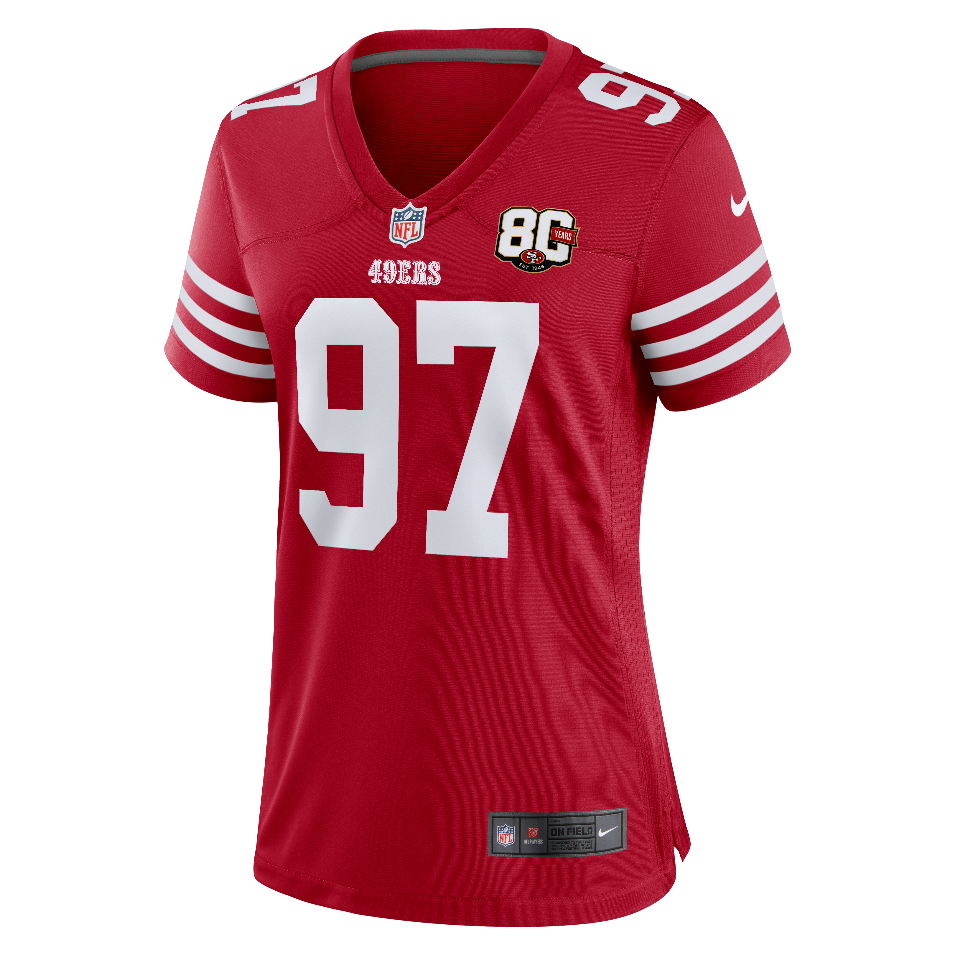 Maillot Nike Nick Bosa Scarlet pour femme, édition spéciale 80e anniversaire des 49ers de San Francisco