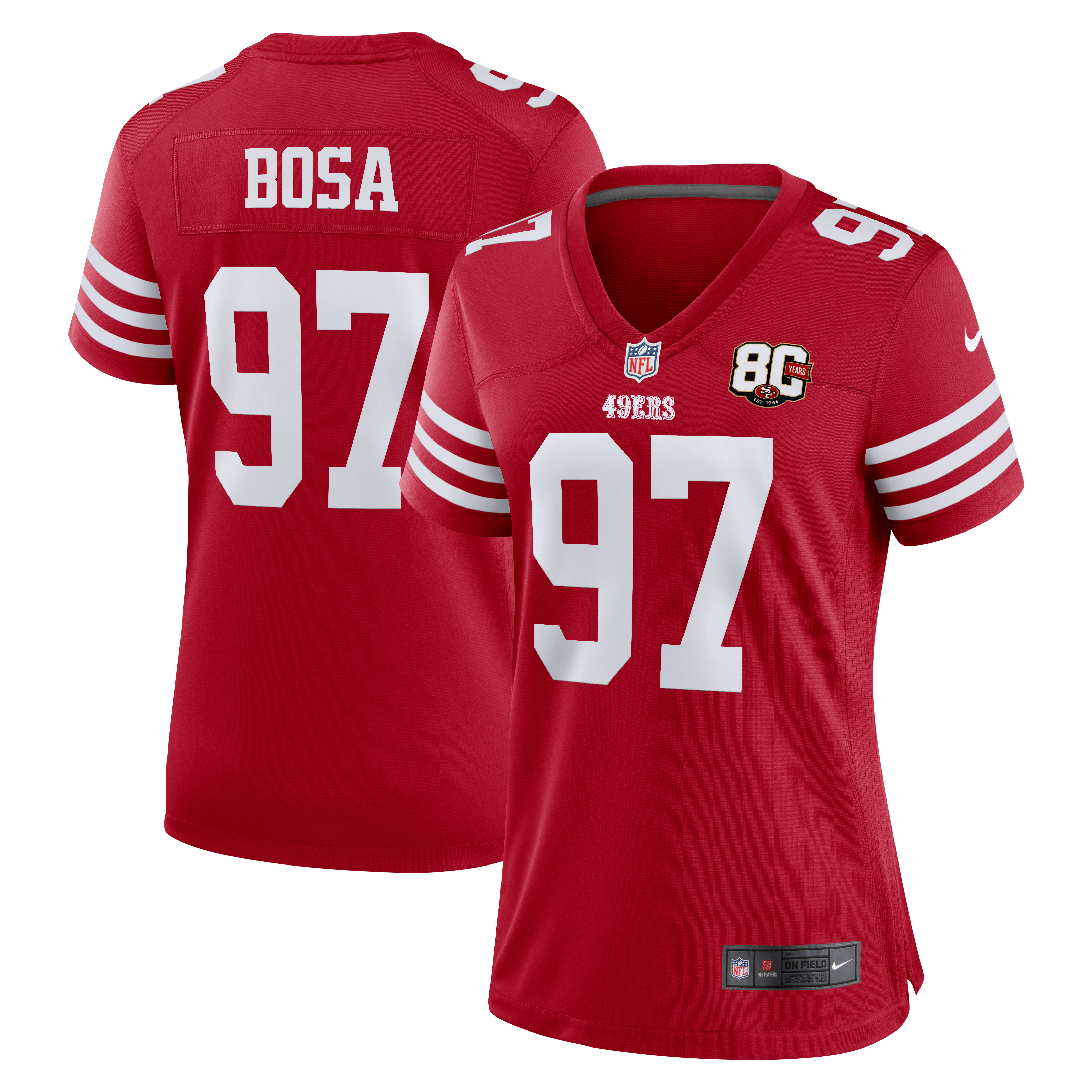Maillot Nike Nick Bosa Scarlet pour femme, édition spéciale 80e anniversaire des 49ers de San Francisco