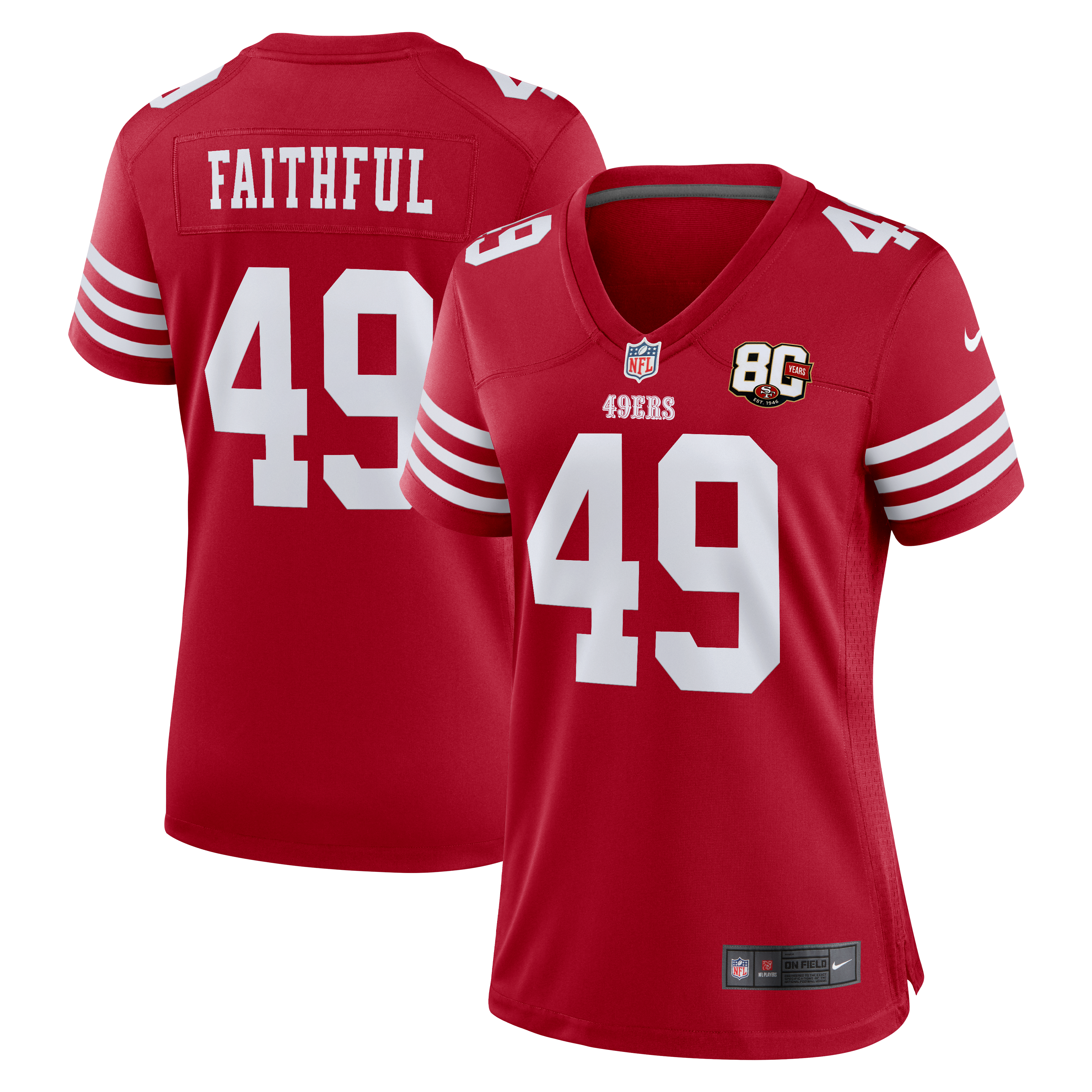 Maillot Nike The Faithful Scarlet pour femme, édition spéciale 80e anniversaire des 49ers de San Francisco
