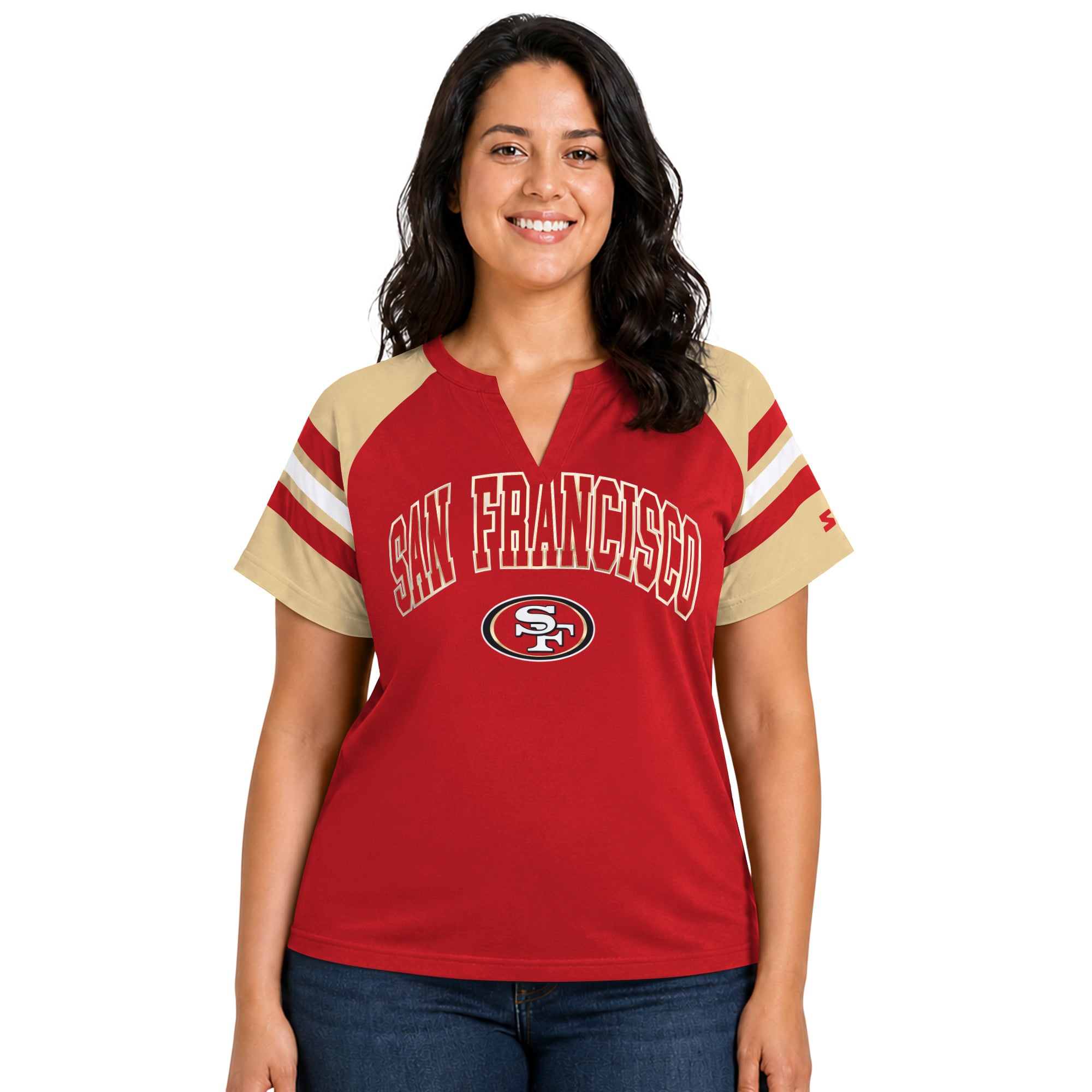 T-shirt raglan à col cranté Starter Scarlet pour femme, San Francisco 49ers, grande taille.