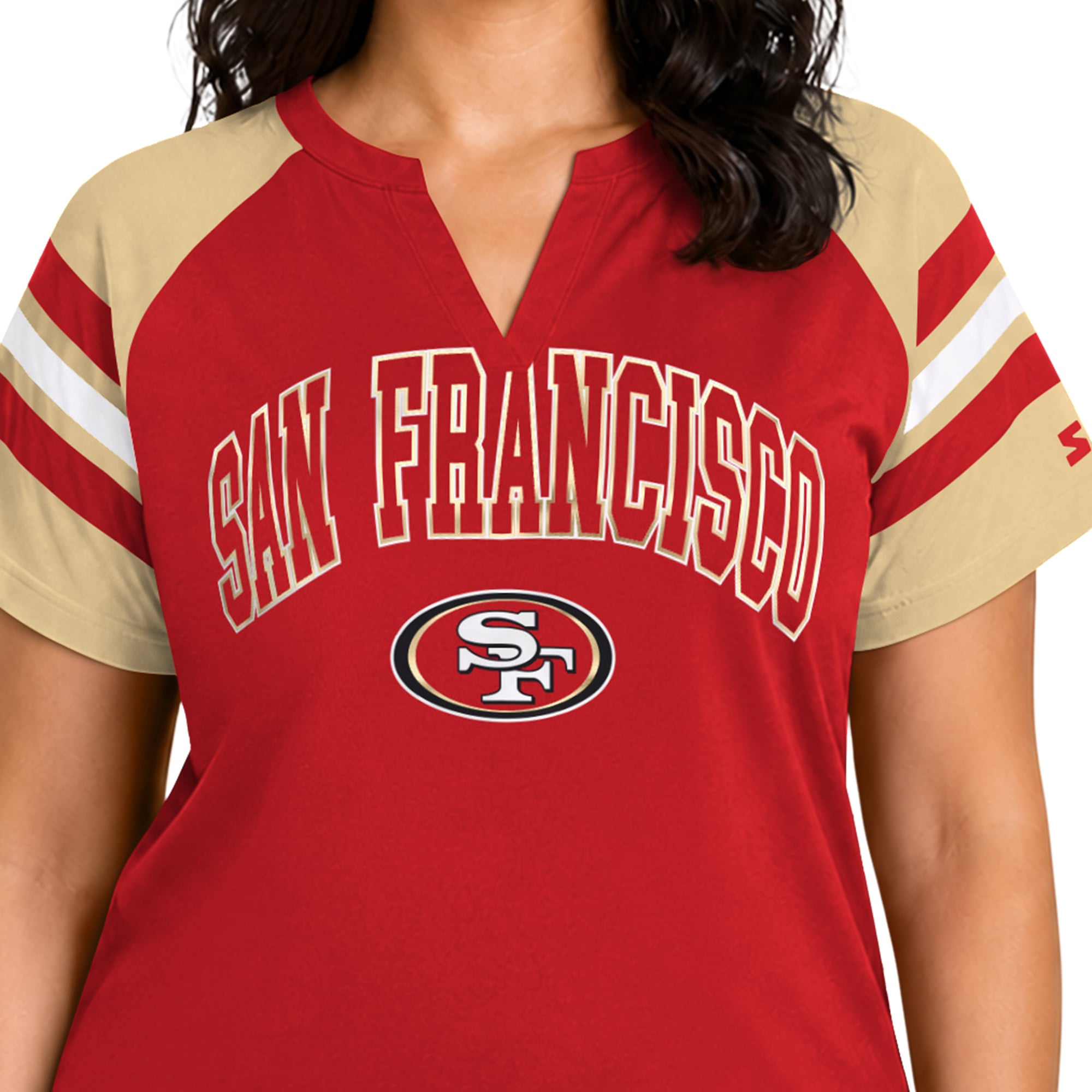 T-shirt raglan à col cranté Starter Scarlet pour femme, San Francisco 49ers, grande taille.