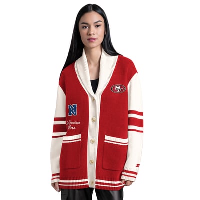 San Francisco 49ers Starter Women's Strike Zone Shawl-Collar Button-Up Cardigan - Scarlet