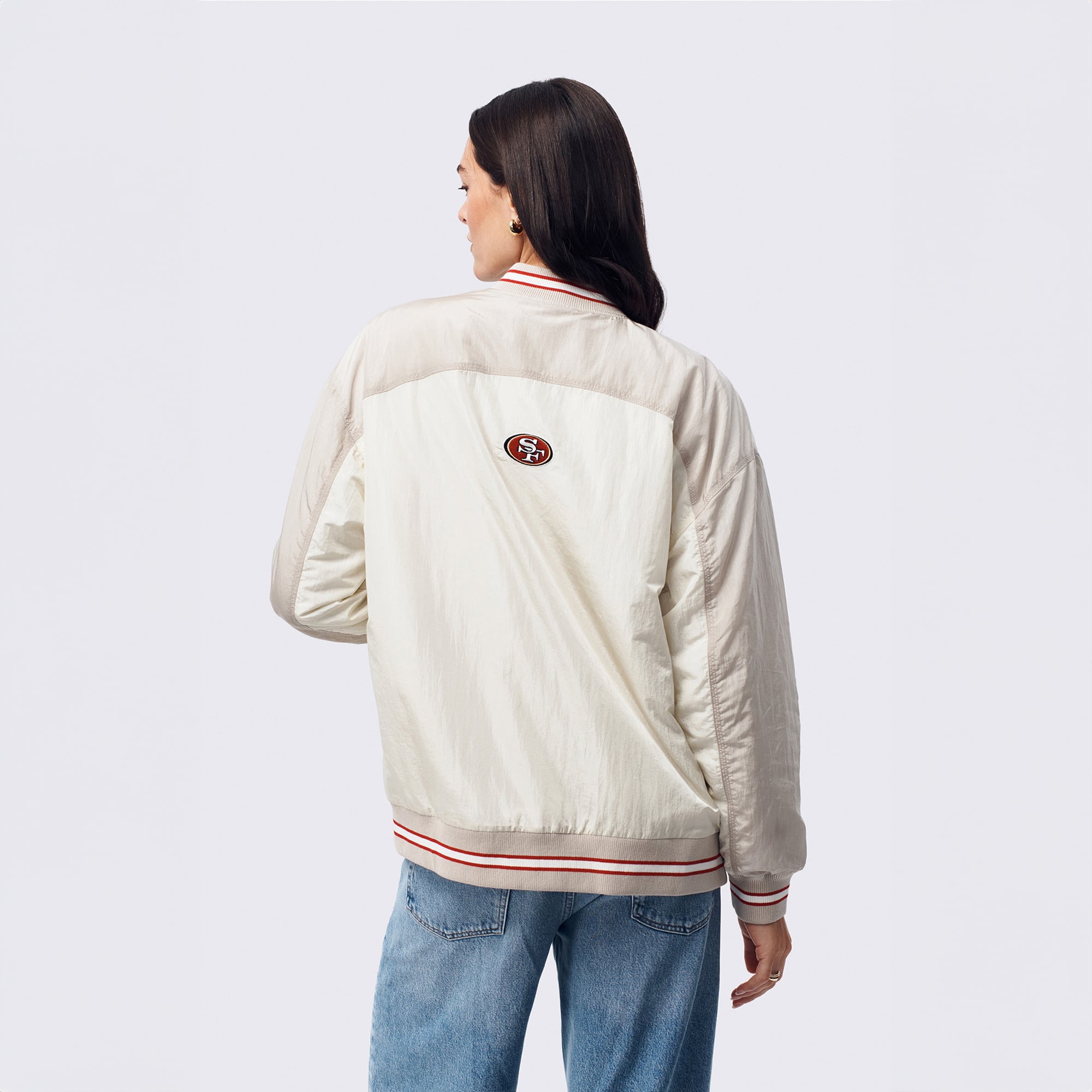 Veste bomber zippée Terez blanche pour femme, San Francisco 49ers, à double empiècement.