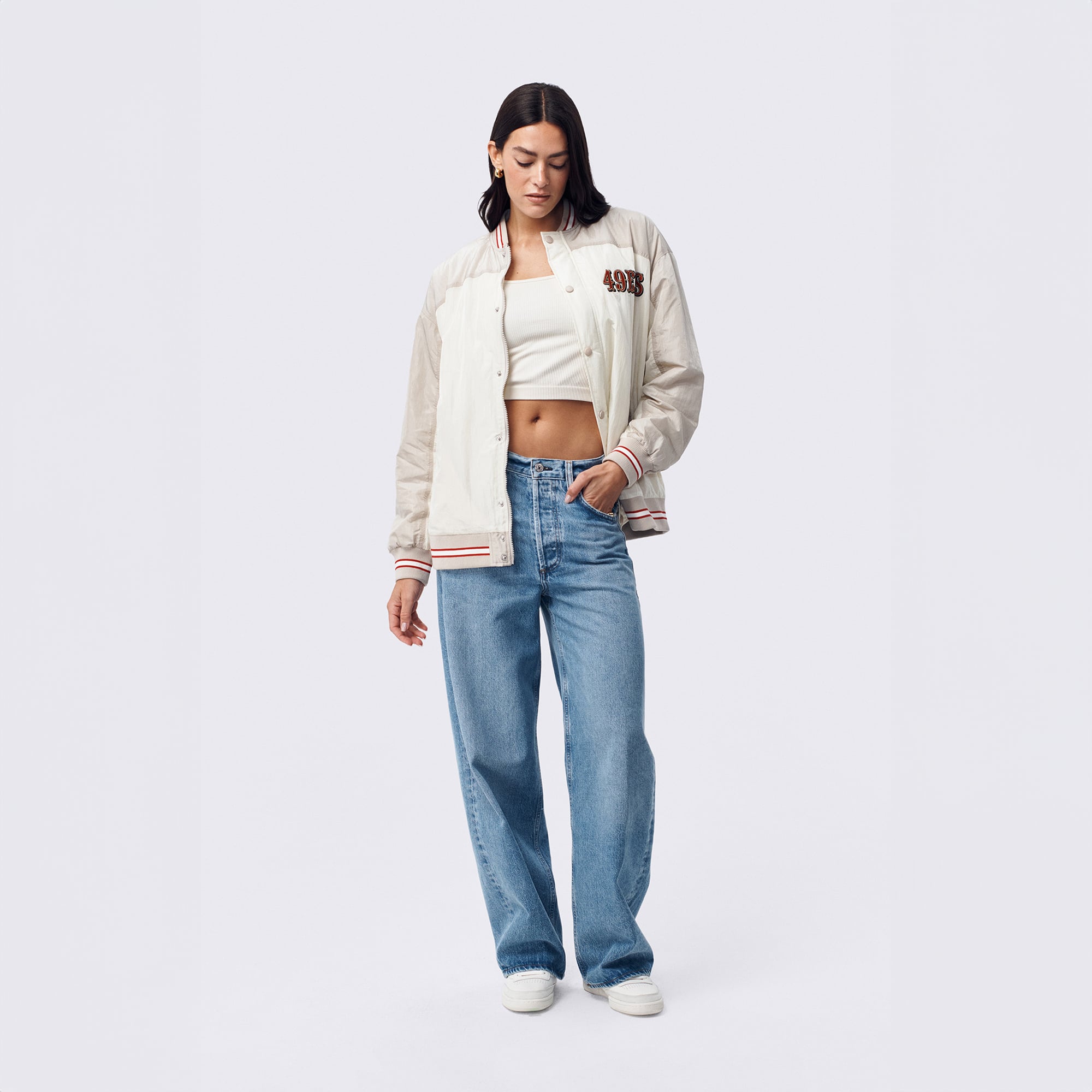 Veste bomber zippée Terez blanche pour femme, San Francisco 49ers, à double empiècement.