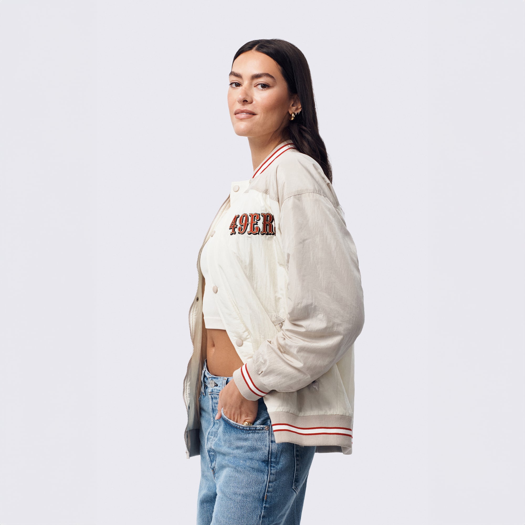 Veste bomber zippée Terez blanche pour femme, San Francisco 49ers, à double empiècement.