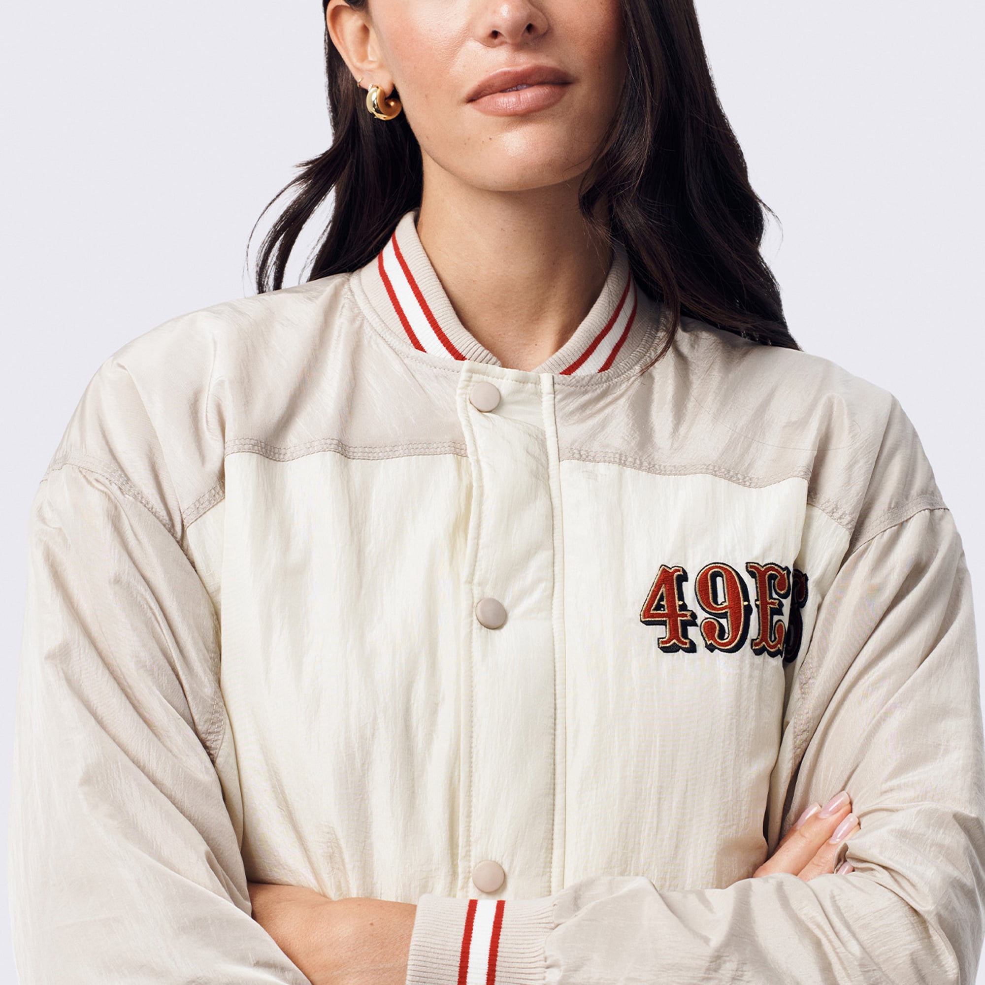 Veste bomber zippée Terez blanche pour femme, San Francisco 49ers, à double empiècement.