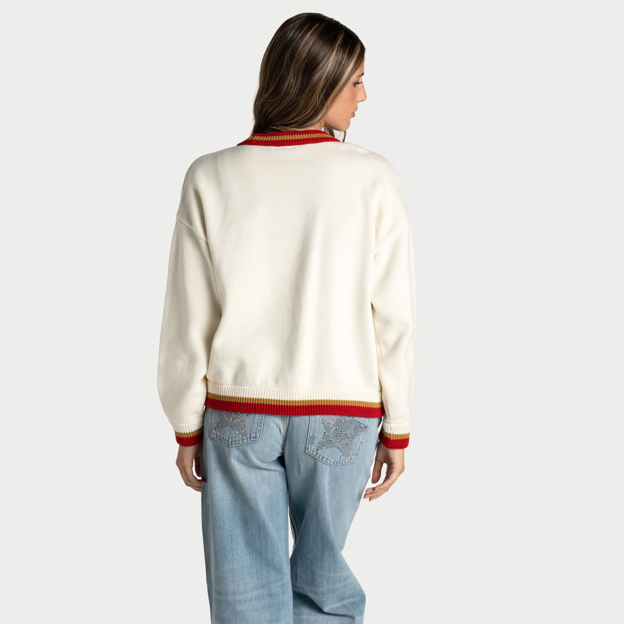 Women's The Wild Collective  Cream San Francisco 49ers Rosey Jacquard Boxy Crewneck Sweater