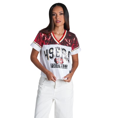  San Francisco 49ers The Wild Collective Women's Sequin V-Neck T-Shirt - White