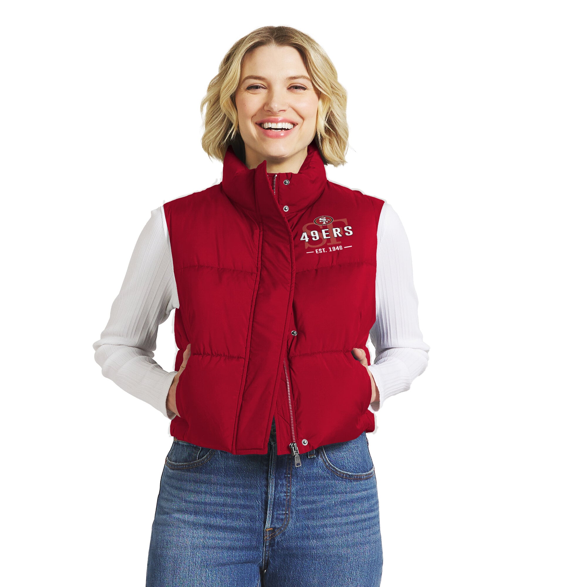Gilet matelassé court zippé écarlate San Francisco 49ers de la marque WEAR by Erin Andrews pour femmes