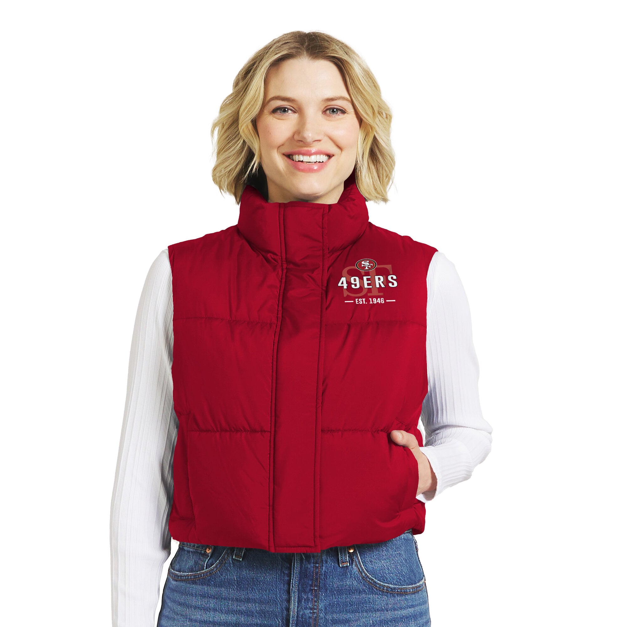 Gilet matelassé court zippé écarlate San Francisco 49ers de la marque WEAR by Erin Andrews pour femmes