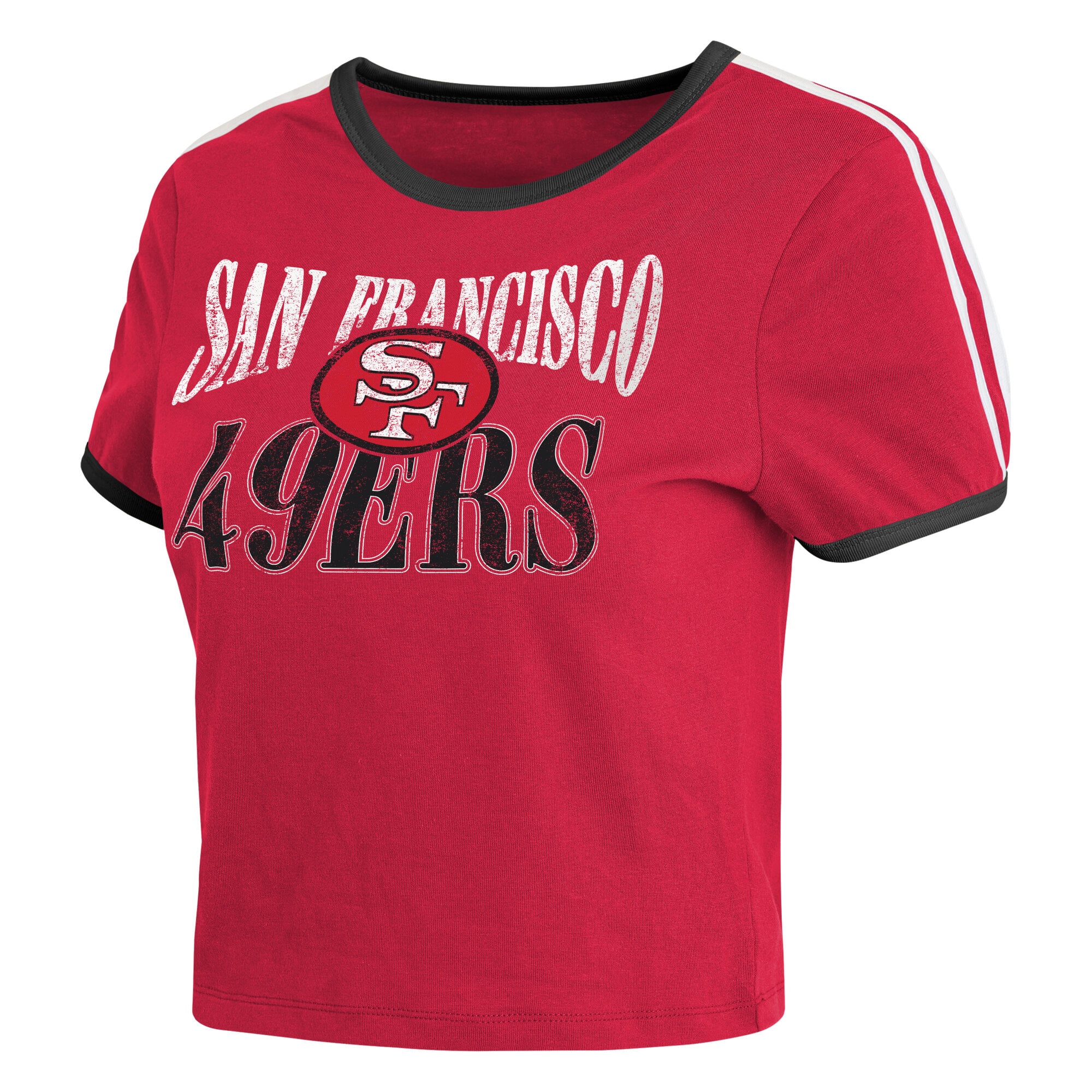 Women's WEAR by Erin Andrews Scarlet San Francisco 49ers Cropped Throwback Ringer Baby T-Shirt