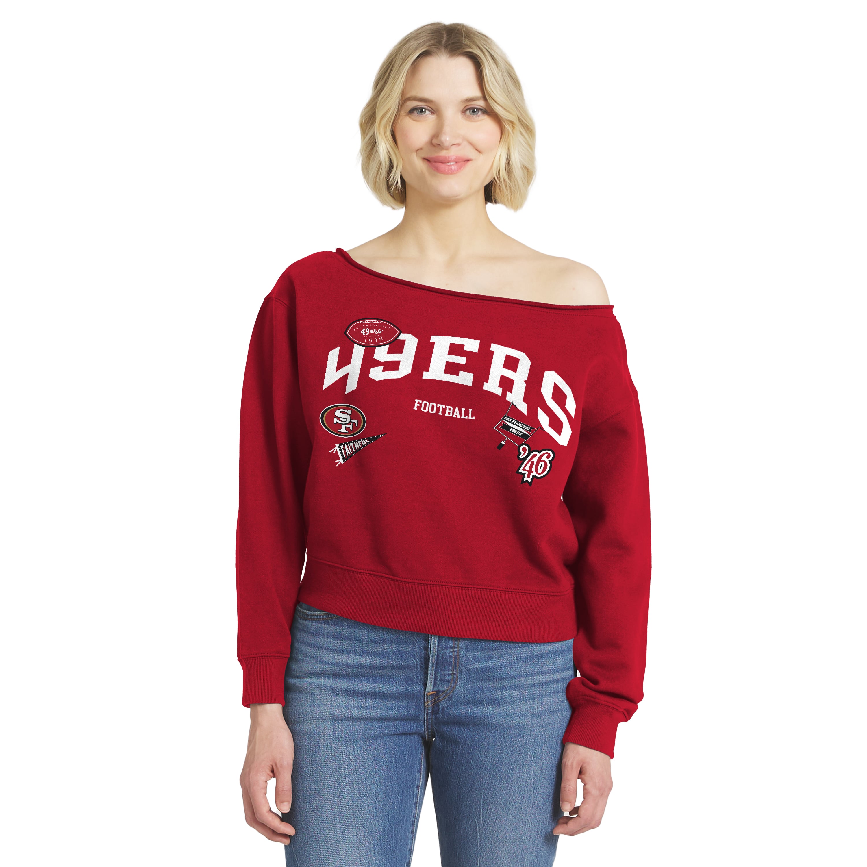 Women's WEAR by Erin Andrews  Scarlet San Francisco 49ers Off-the-Shoulder Sweatshirt