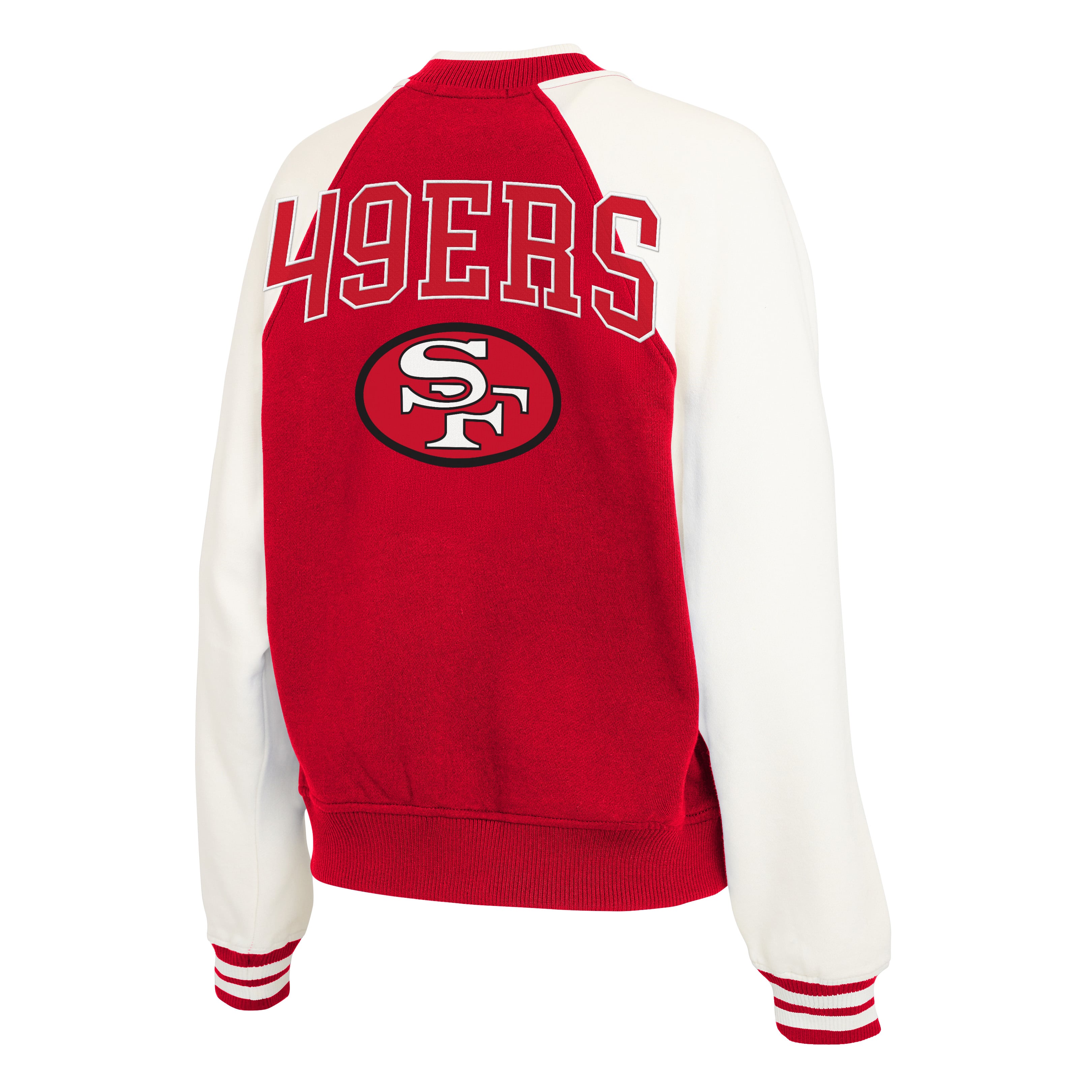 Women's WEAR by Erin Andrews Scarlet San Francisco 49ers Throwback Varsity Fleece Raglan Full-Zip Jacket