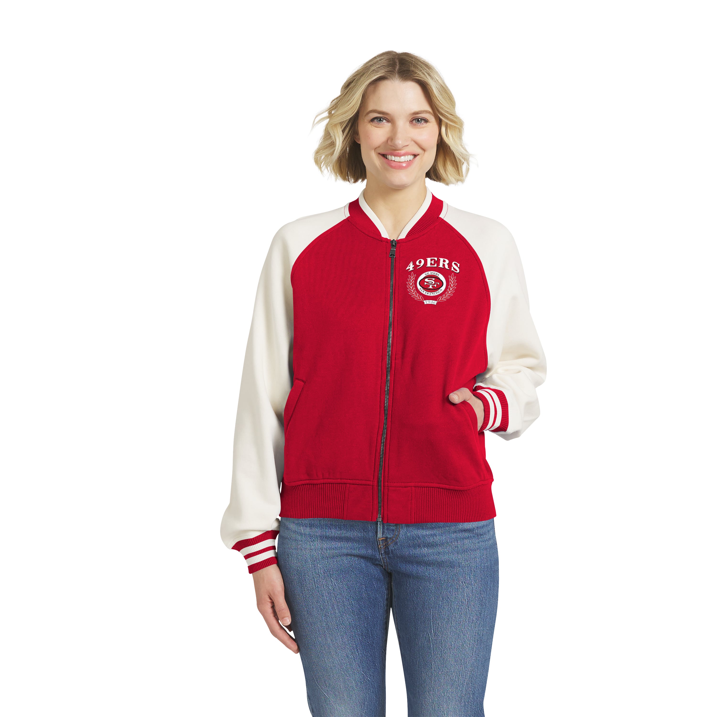 Women's WEAR by Erin Andrews Scarlet San Francisco 49ers Throwback Varsity Fleece Raglan Full-Zip Jacket